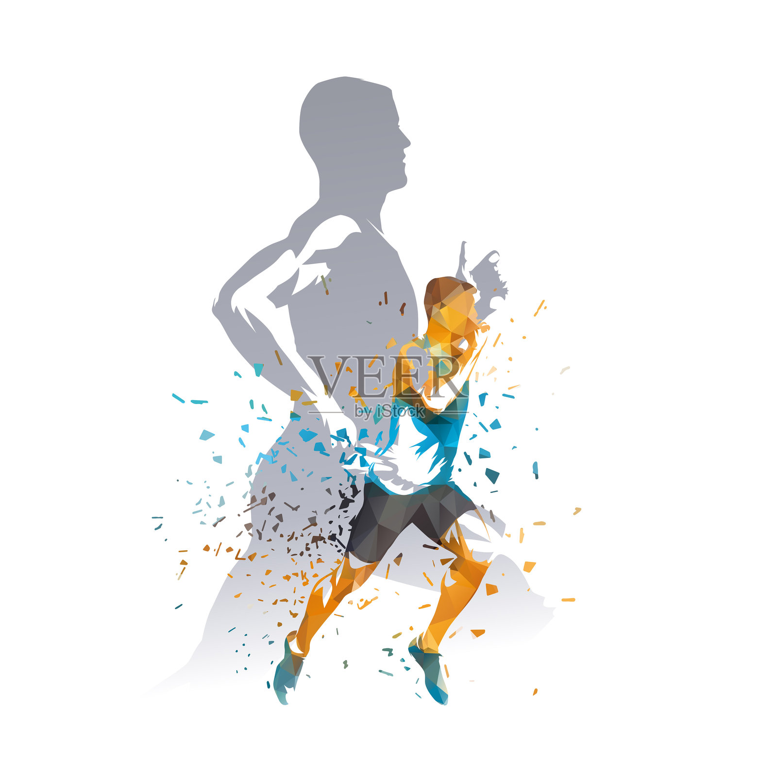 跑步，田径，跑步男子的拼贴画，马拉松选手，低多边形孤立矢量图，侧视图插画图片素材