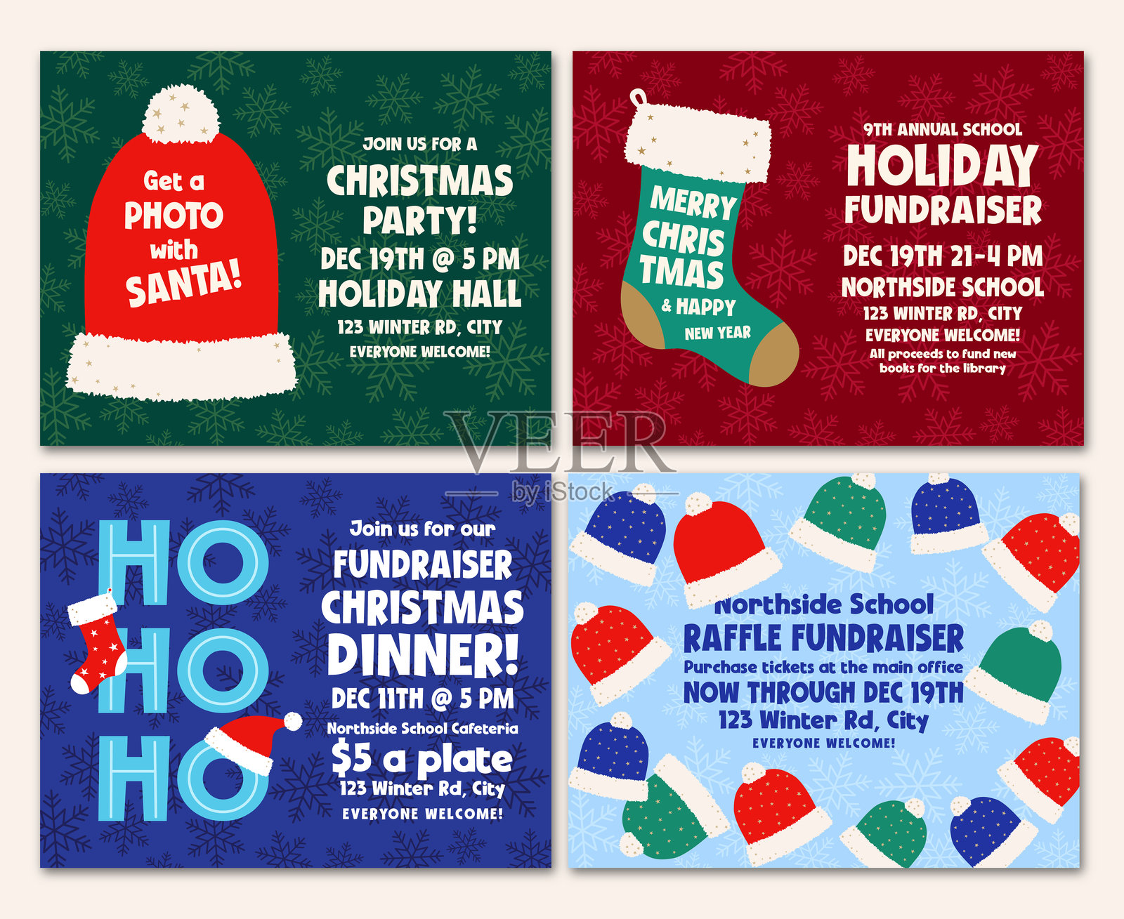 冬季圣诞学校筹款活动模板集插画图片素材