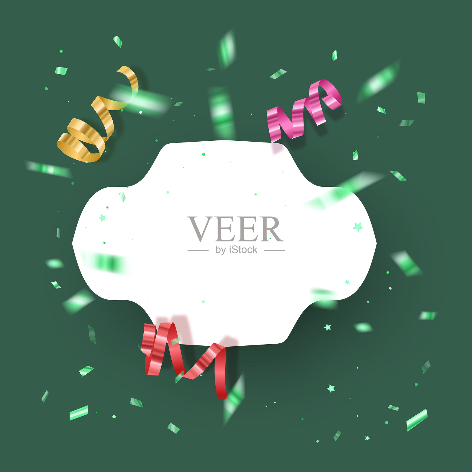 带有用于书写文字的白色边框的新年贺卡或节日贺卡，背景为绿色丝带插画图片素材