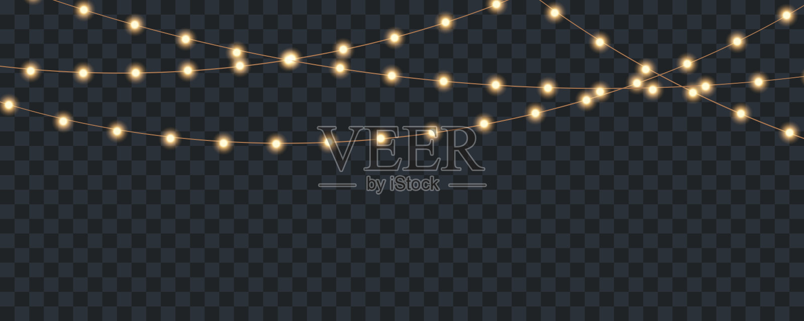 节日彩灯串，圣诞灯饰独立设计元素，用于贺卡设计的发光灯，金色圣诞明亮花环，透明背景，新年灯光，LED灯带插画图片素材