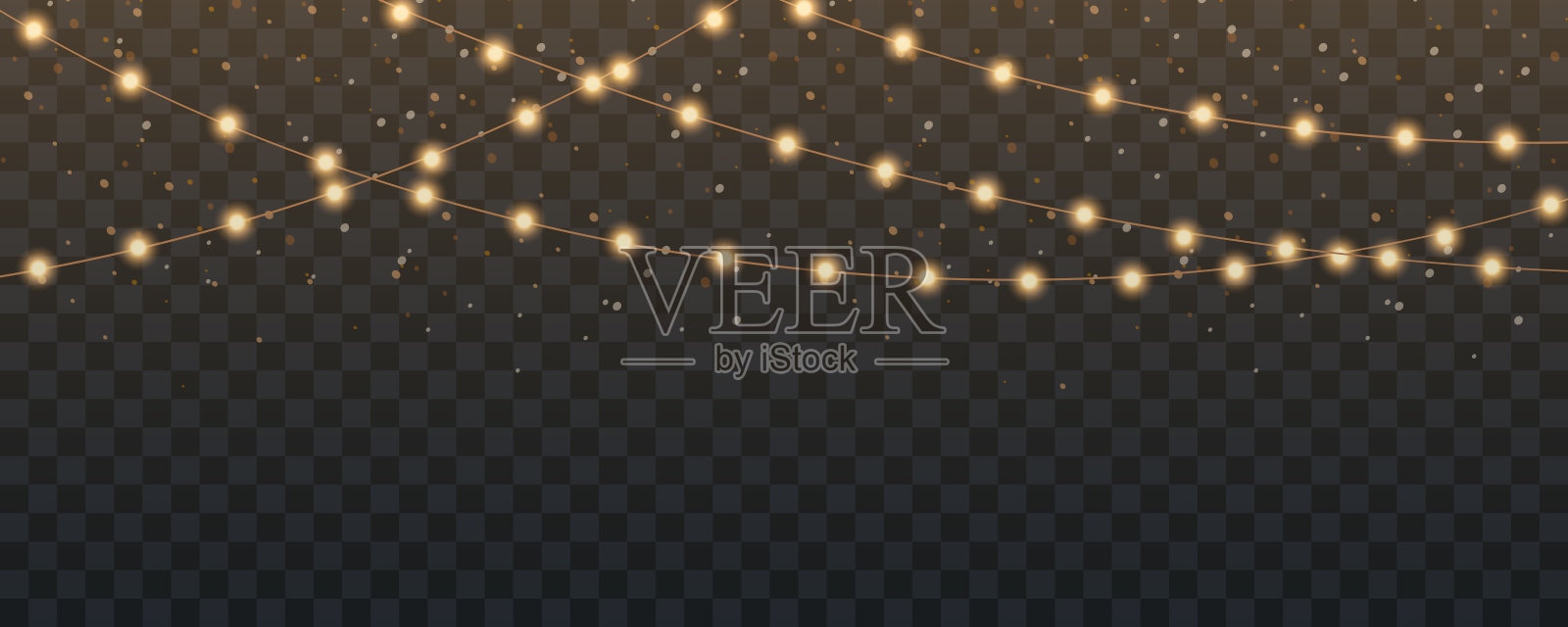 圣诞灯饰花环，金色闪光，发光灯饰，用于贺卡设计，金色圣诞亮丽花环，透明背景，新年灯饰，LED灯带插画图片素材