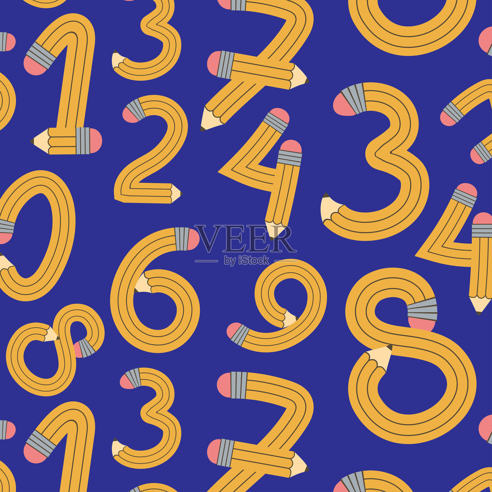 0到9数字图案，由时髦、弯曲、柔韧的铅笔组成。时髦的柔韧学校用品。矢量插画。插画图片素材