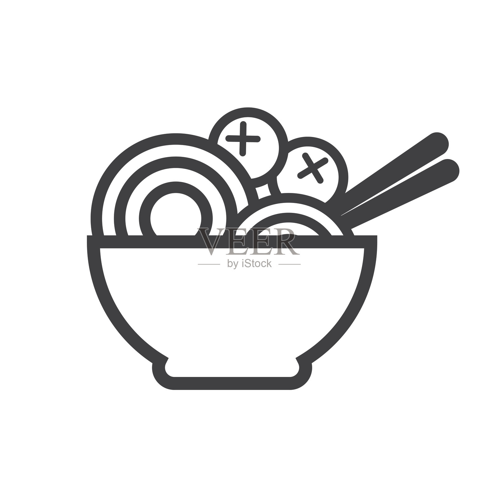 碗和筷子的孤立轮廓图标，内有面条和肉丸，代表亚洲美食、面条菜肴和传统美食的象征。插画图片素材