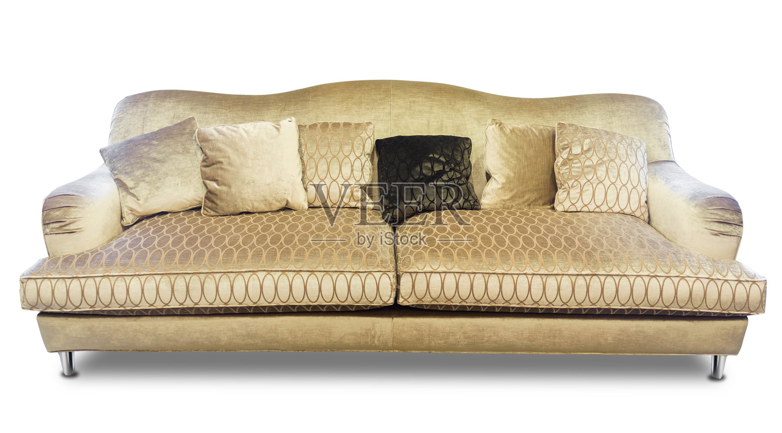 带有靠垫的棕金色沙发家具，孤立在纯白色背景上照片摄影图片