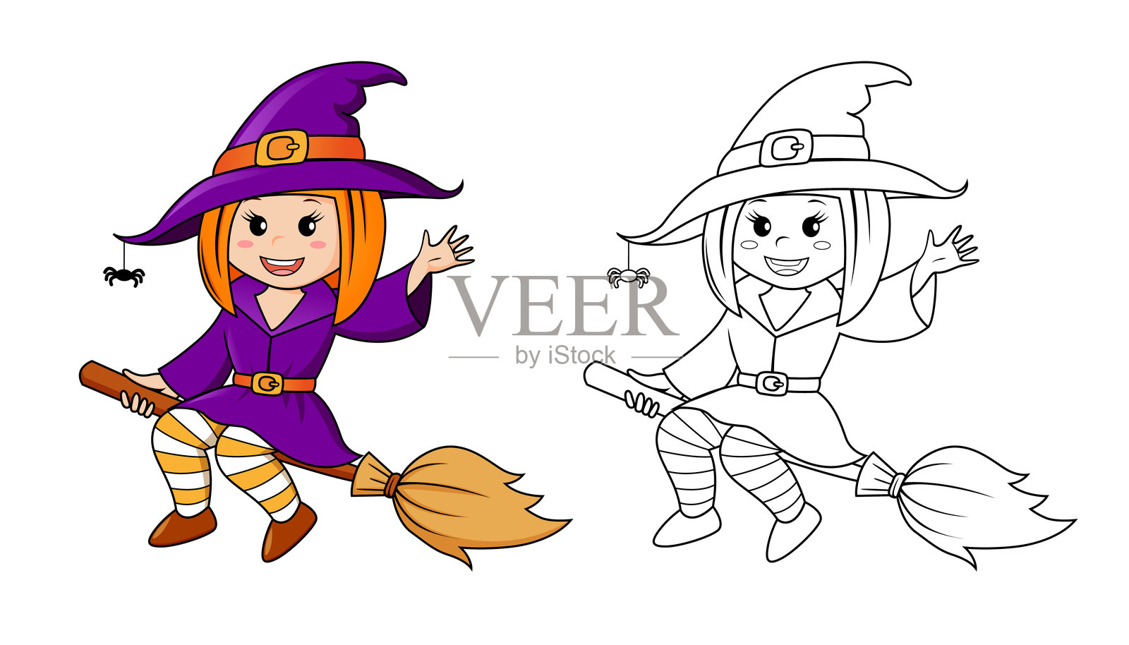 可爱的万圣节女巫骑着扫帚在月亮背景上飞行。黑白矢量插画，供涂色书使用，附有彩色示例。插画图片素材