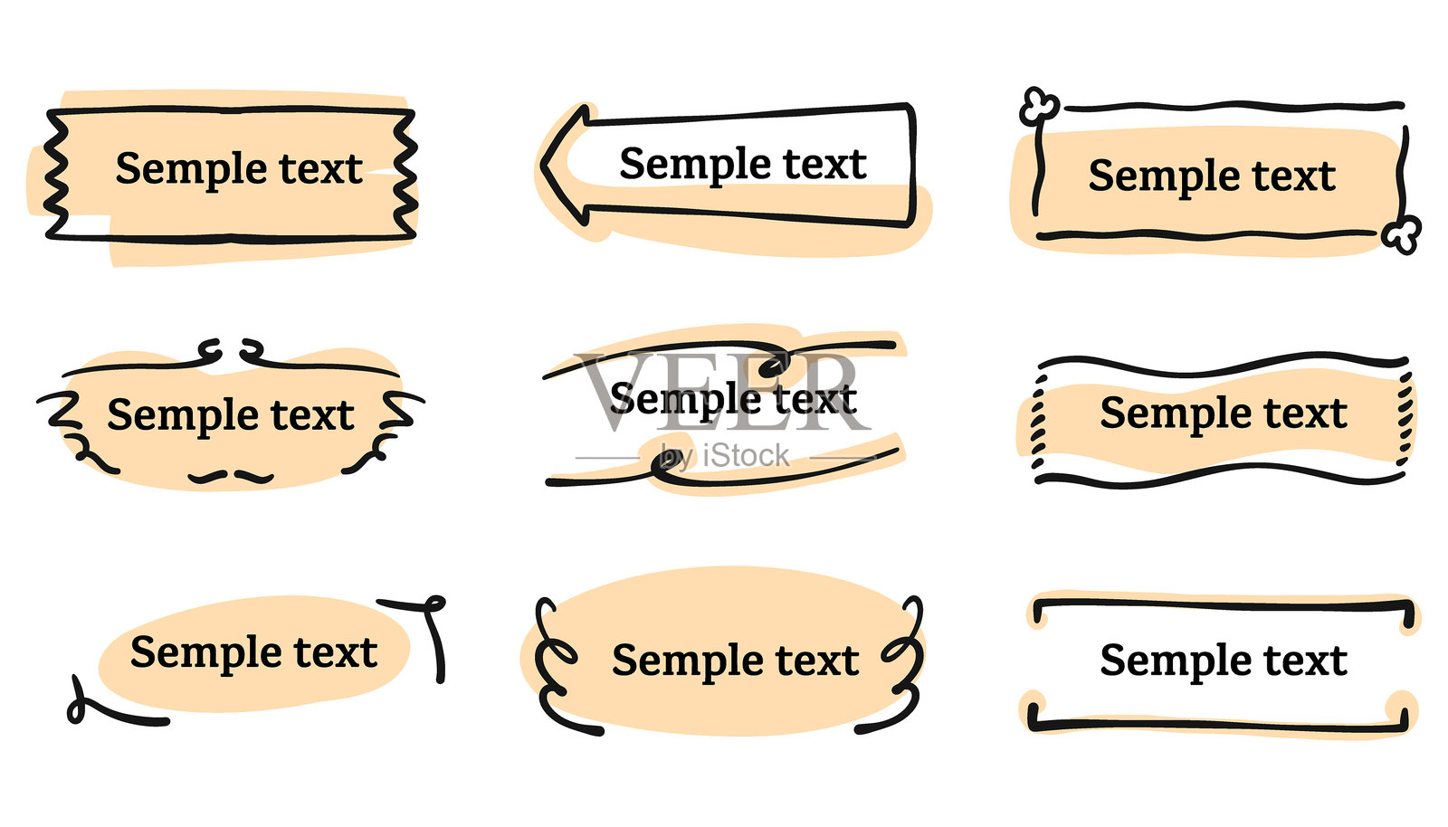质朴的手绘文本框、标题栏和边框套装。笔触涂鸦风格，配有可爱的标签、标记和装饰物。非常适合用于标题、笔记、徽章、请柬和设计装饰。插画图片素材
