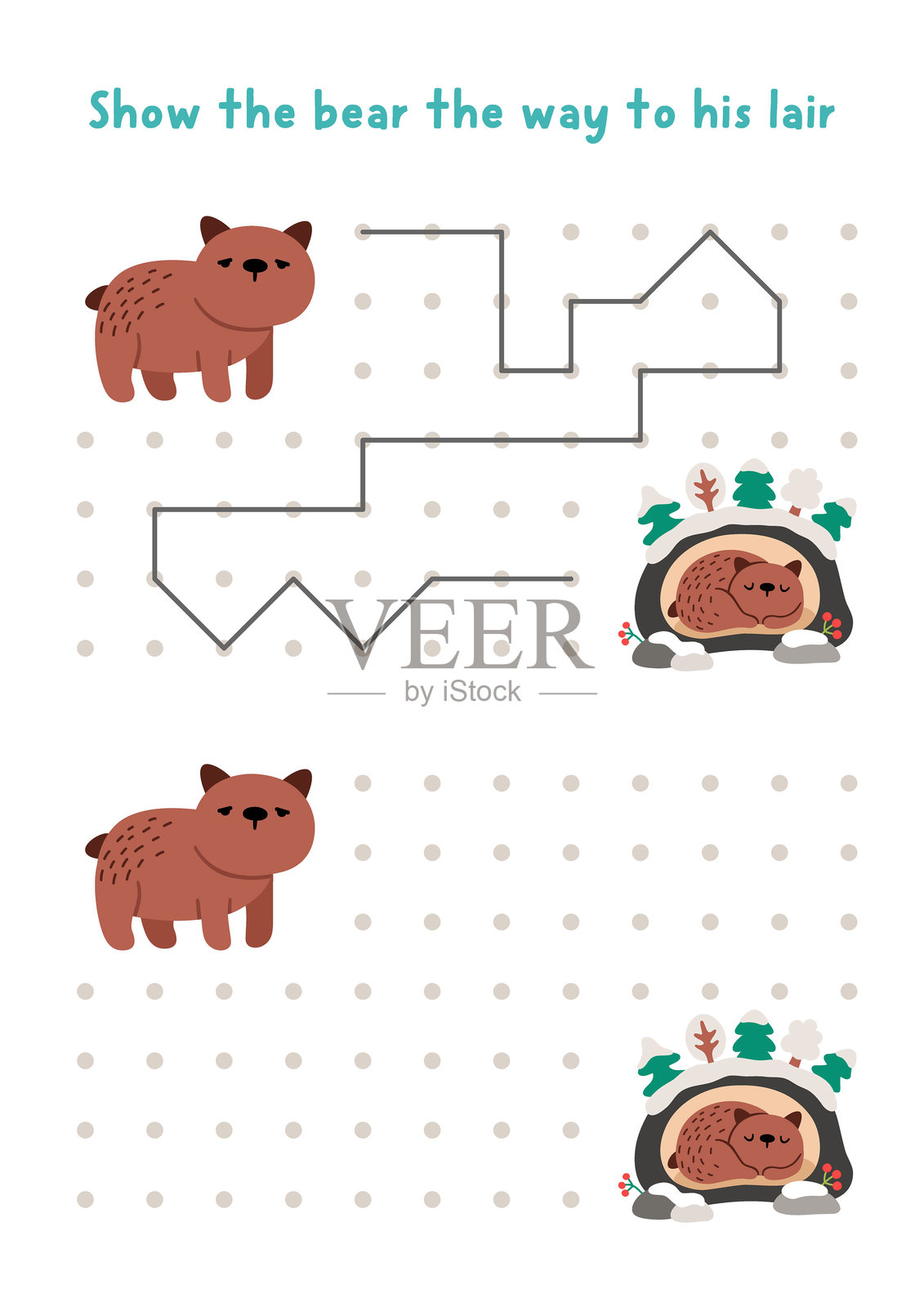 圣诞节或新年儿童绘画、书写、描摹、空间方位活动，棕熊准备进入洞穴。按照示例在方框内画线。冬季假期可打印游戏、谜题插画图片素材