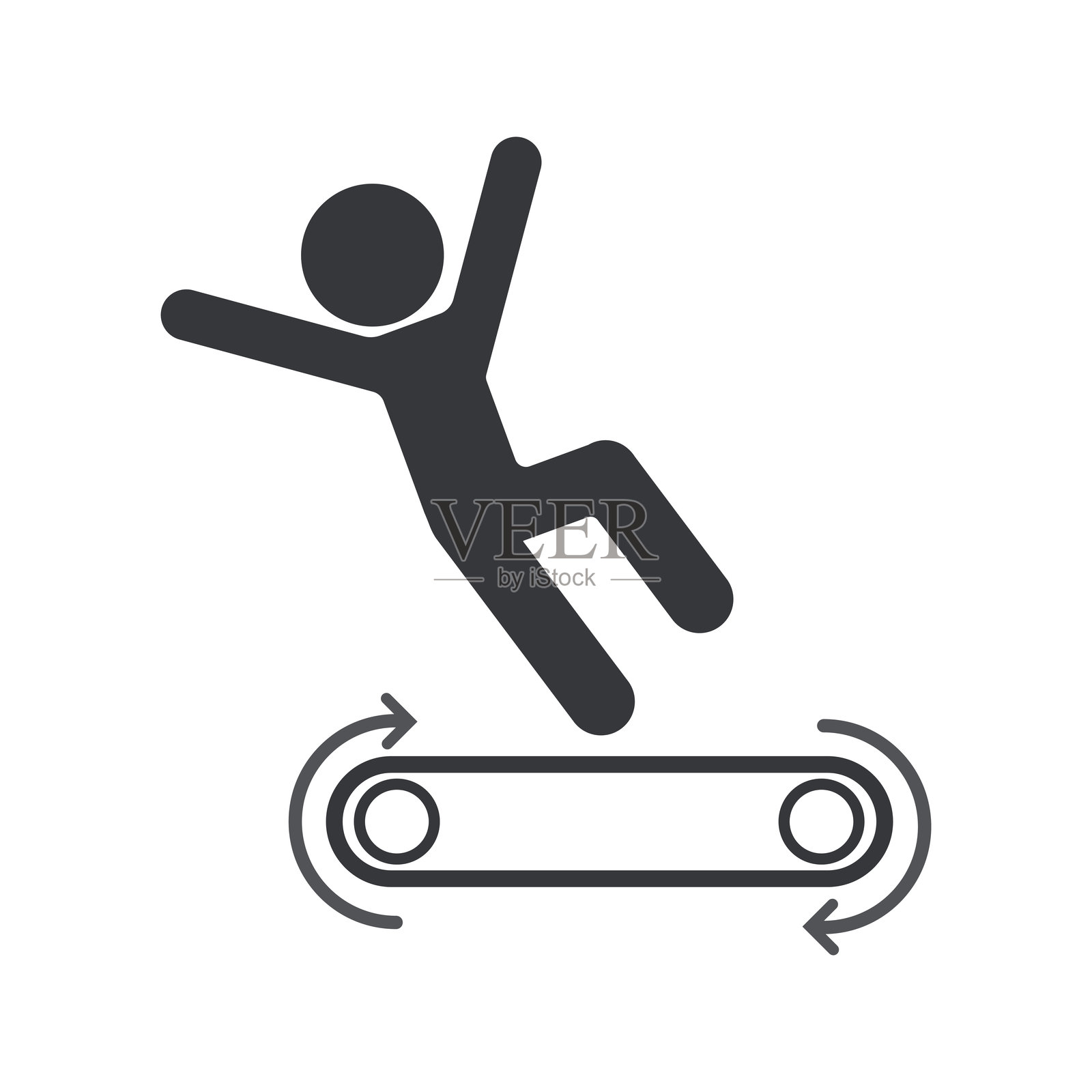 孤立的象形图，一人从移动的传送带上摔下，用作工业安全标志，警告不要站立或坐着。插画图片素材