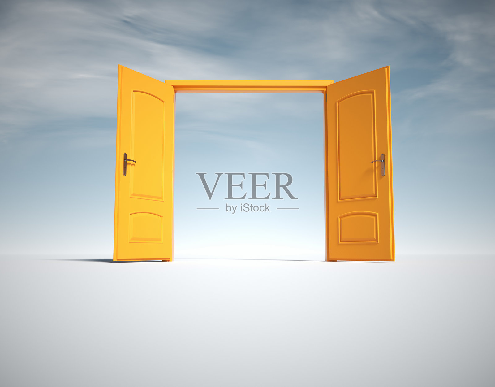 明亮简洁的空间里敞开的黄色大门，象征着生活中的新机遇和选择照片摄影图片