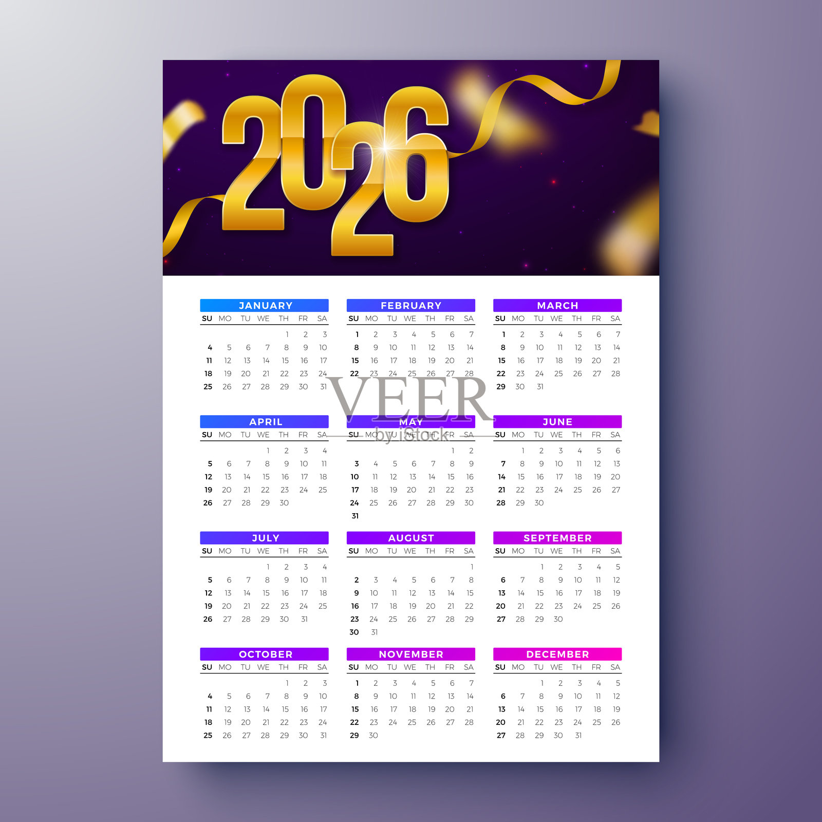 2026年可打印日历设计模板，带有数字符号和全年每月排版，背景为白色，适合新年。日程规划师插画，用于墙报、卡片日历、文具、传单、横幅。周日开始。插画图片素材