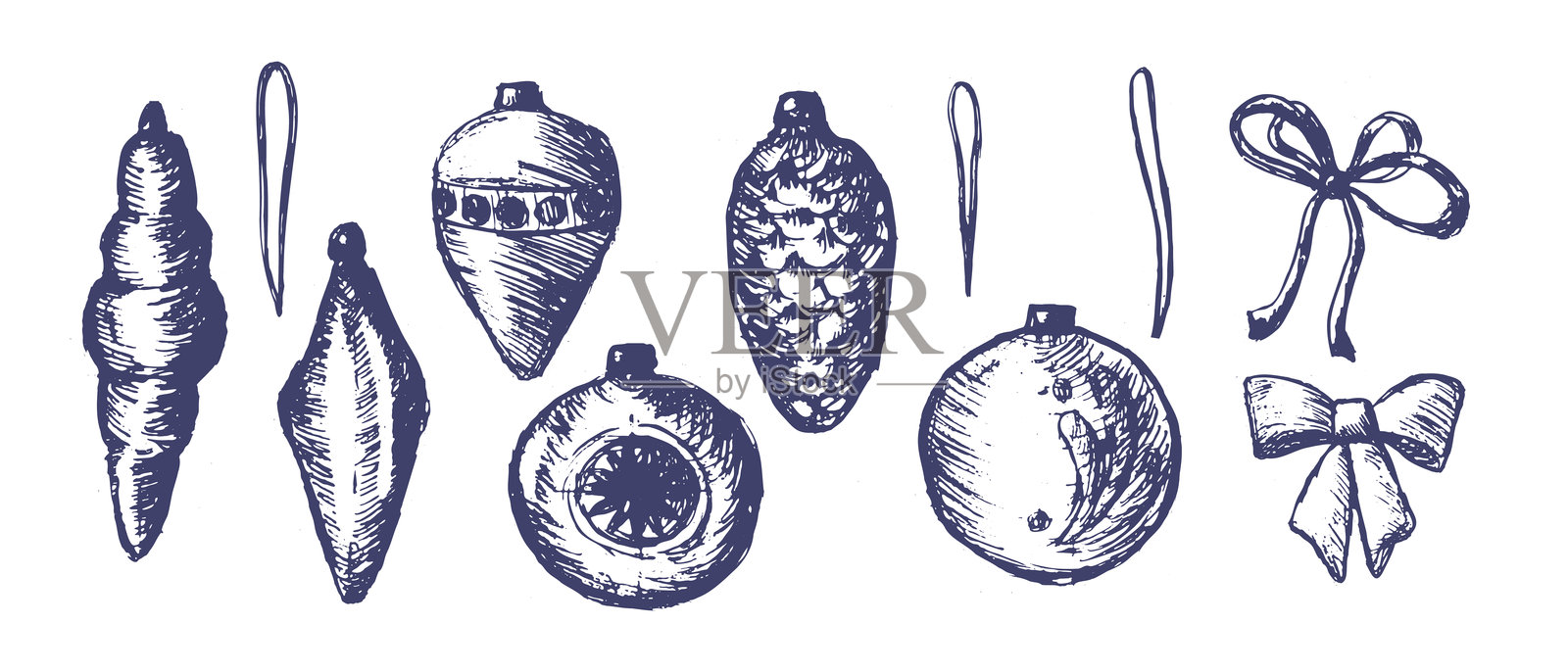 矢量图：一套复古素描风格的蓝色圣诞装饰球和蝴蝶结。墨水笔插画，适用于冬季节日。插画图片素材