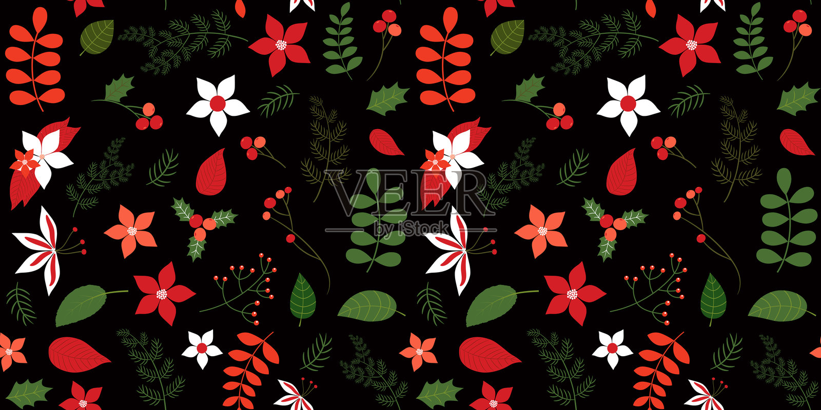 带有红绿色叶子和花朵的圣诞主题无缝矢量花卉图案，适用于背景和包装纸插画图片素材