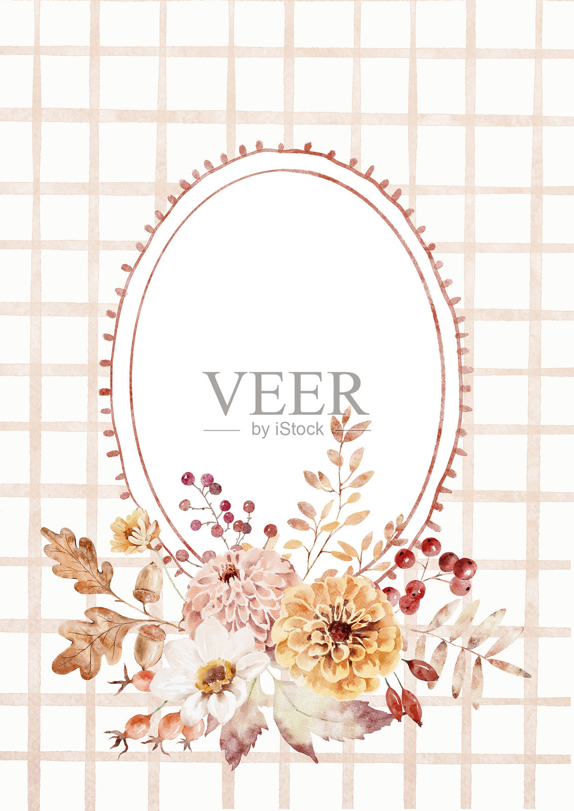 水彩模板边框，带有格子背景以及秋季花卉和浆果的花束。舒适的秋季设计。童话般的复古元素，采用小屋风格，适用于邀请函、社交媒体和海报。插画图片素材