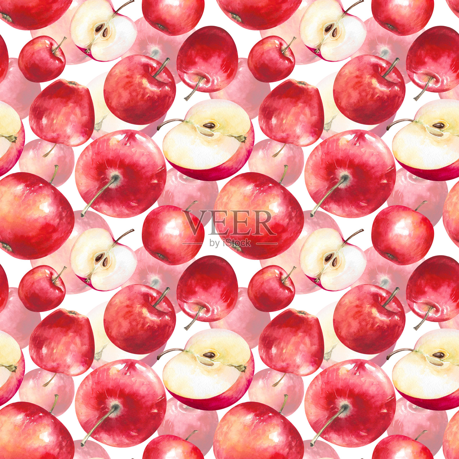 苹果，完整和半个，红色新鲜采摘的成熟水果手绘水彩插画，孤立在白色背景上。多汁的无缝图案，适用于花园、收获、厨房、食品设计、纺织品、印刷品、壁纸。插画图片素材