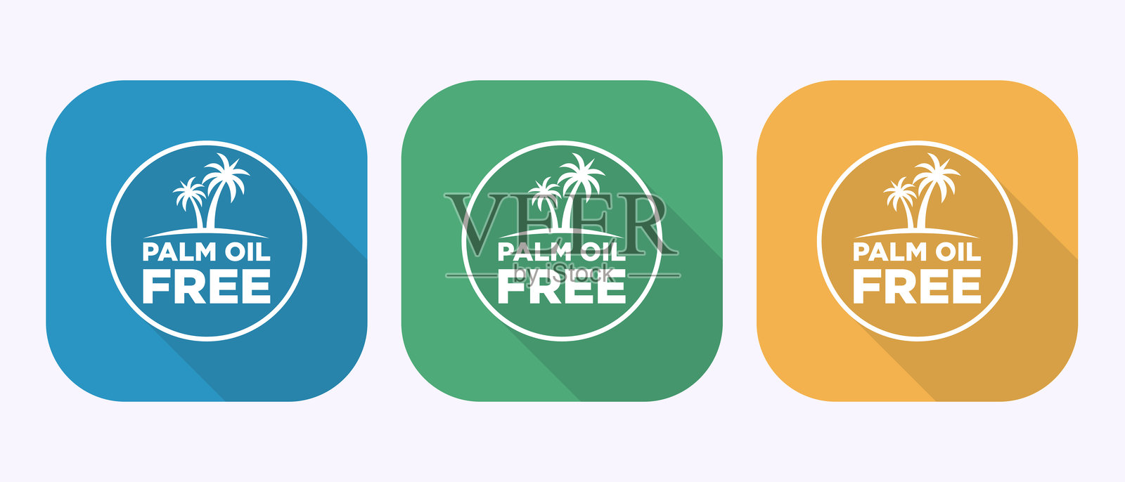 无棕榈油标志集合，背景为蓝绿色和黄色，内部有椰子树的圆形和方形文字插画图片素材
