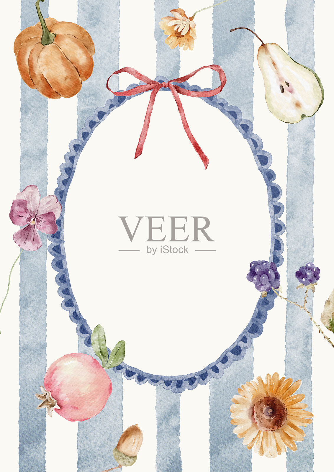 水彩模板边框，带有条纹背景、南瓜、鲜花和梨。舒适的秋季设计。童话般的复古元素，采用乡村田园风格，适用于请柬、社交媒体和海报。插画图片素材