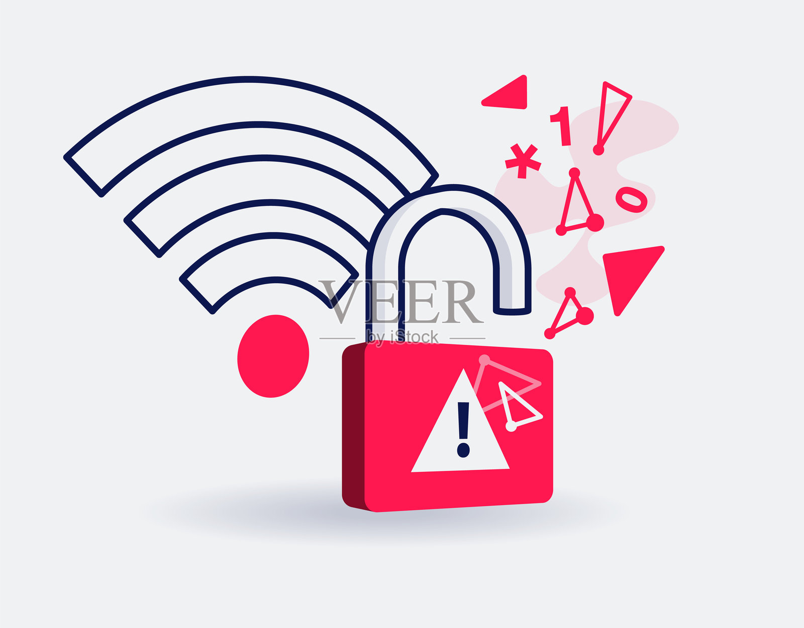 免费Wi-Fi安全风险符号，带有开放式挂锁和公共网络符号插画图片素材