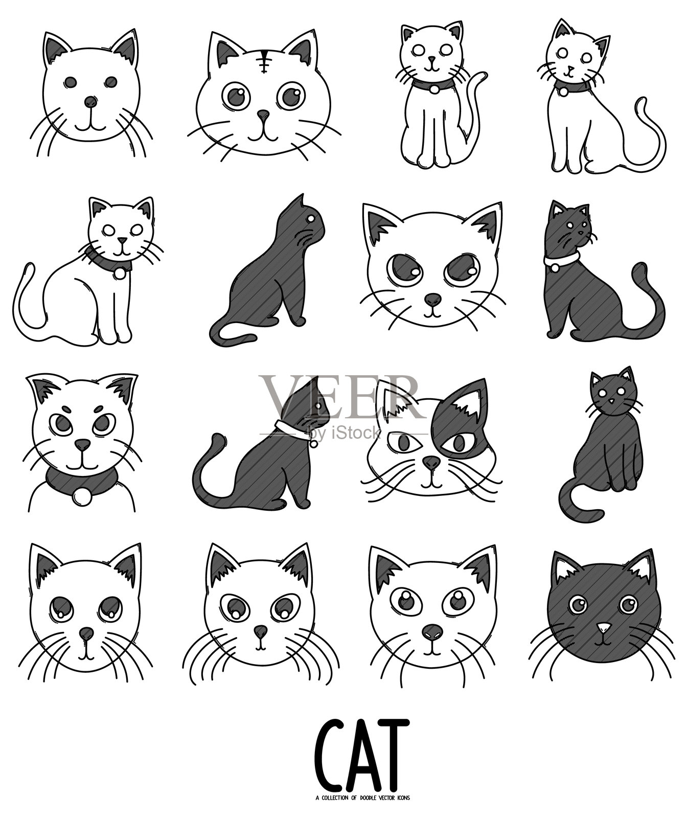 猫咪涂鸦矢量图标集。手绘线条草图插画，eps10插画图片素材