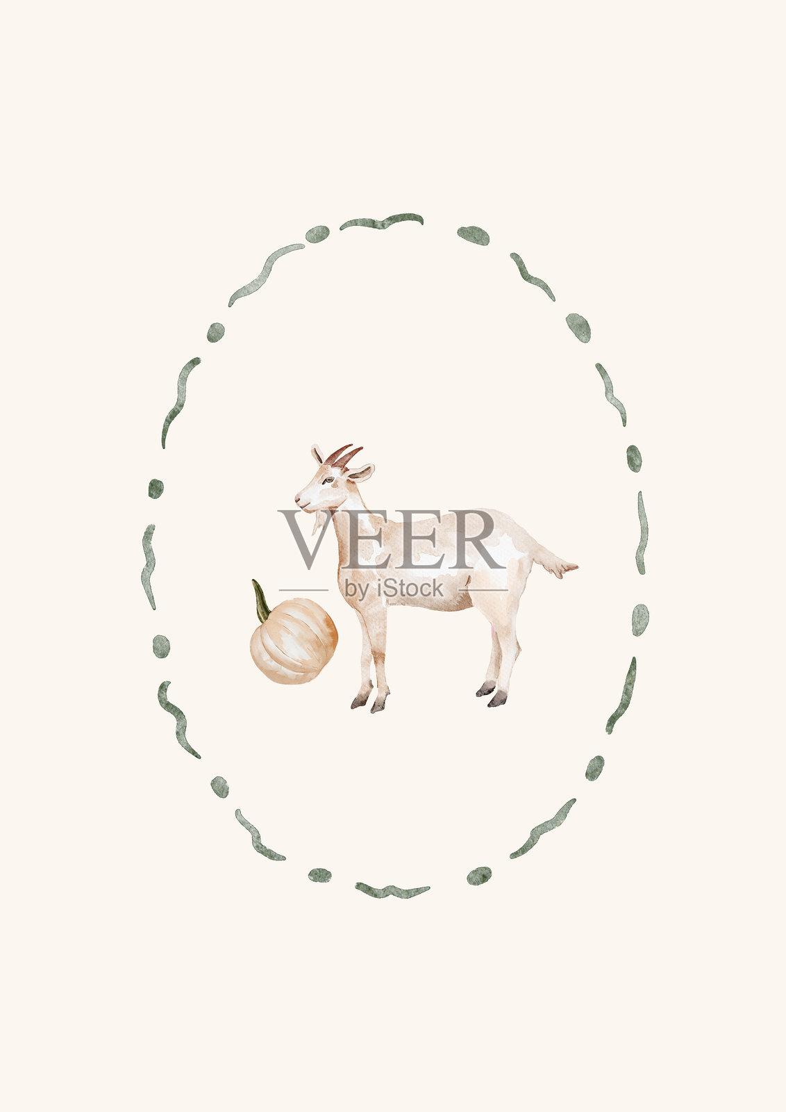 水彩模板画框，包含山羊和南瓜。温馨的秋季设计。乡村风格的异想天开的复古元素，适用于请柬、社交媒体和海报。插画图片素材