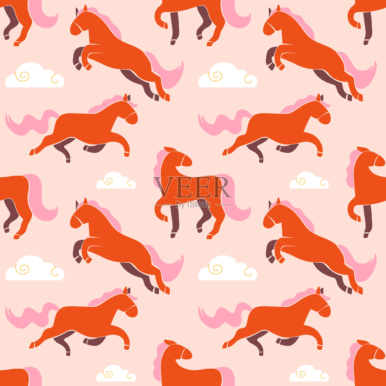 马年中国新年无缝花纹。封面插画、海报、横幅、模板。马年快乐插画图片素材