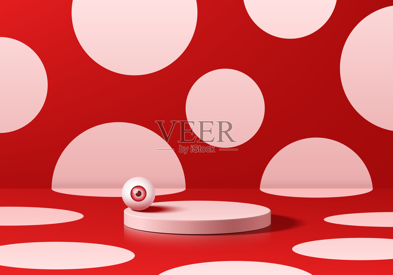 3D红色圆形产品展示台，背景为波点图案，带有万圣节快乐和人类红色虹膜的元素。极简风格的抽象构成。影棚展示厅，陈列架，舞台展示。插画图片素材
