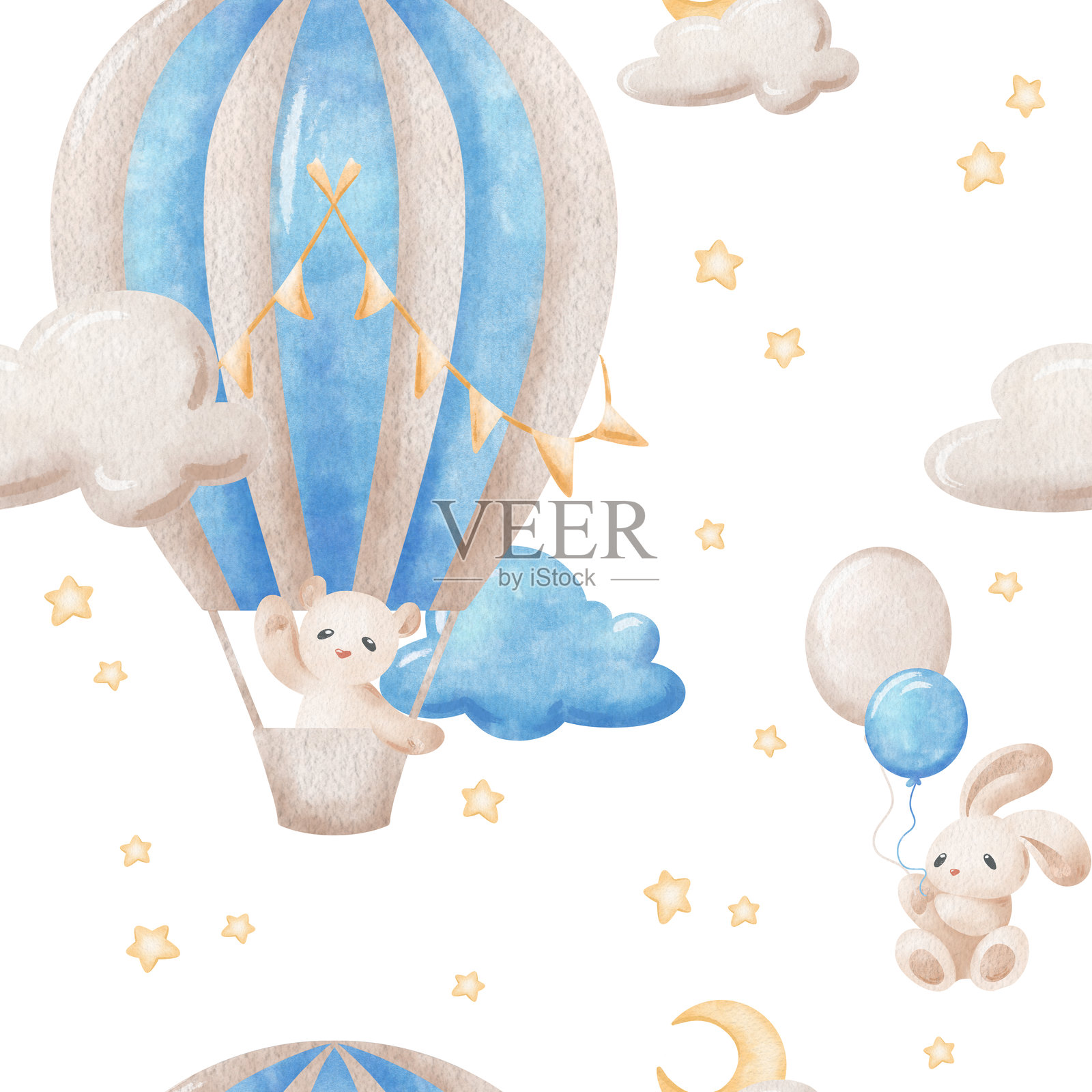 水彩风格的热气球图案，带有丝带、云朵、泰迪熊和泰迪兔，孤立的。手绘插图。插画图片素材