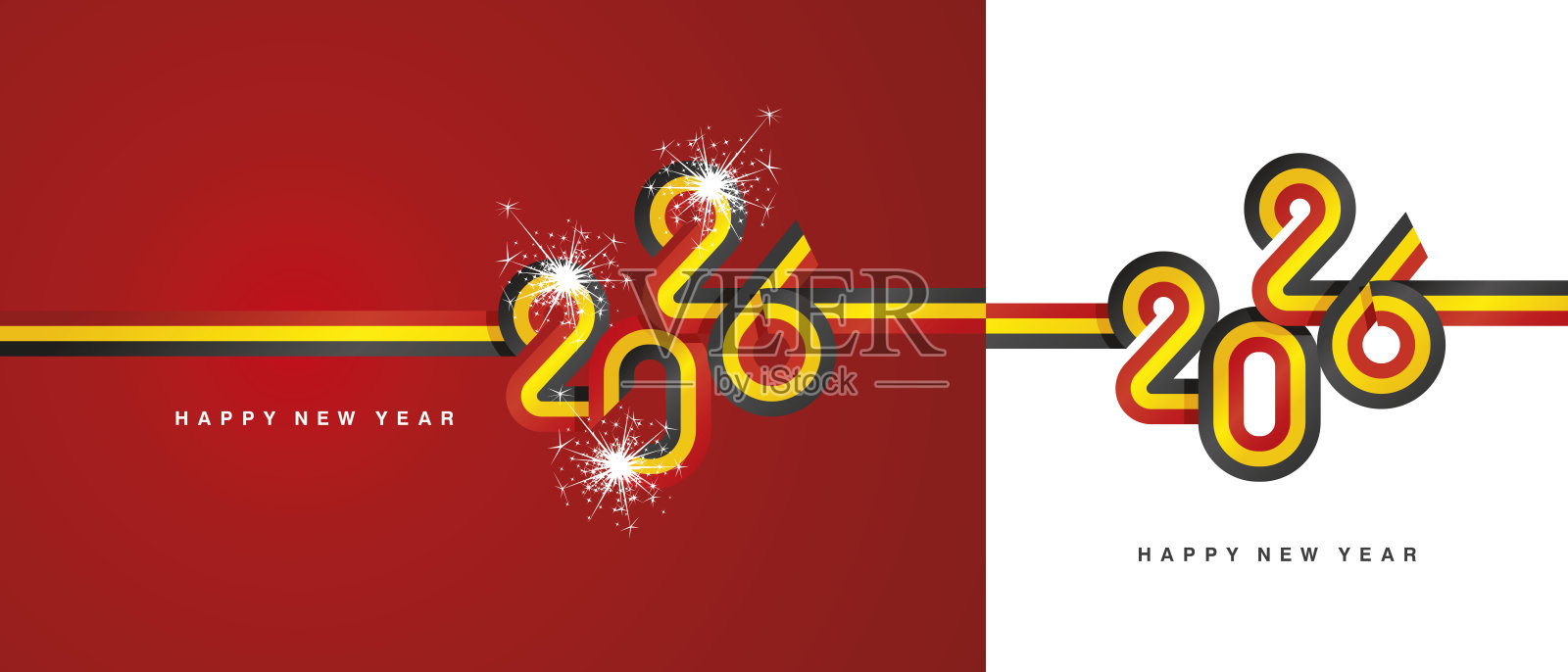 新年2026旗帜丝带字体字母。抽象的黑黄红比利时国旗，呈2026标志的形状，带有闪亮的烟花，孤立在红白色背景上。插画图片素材