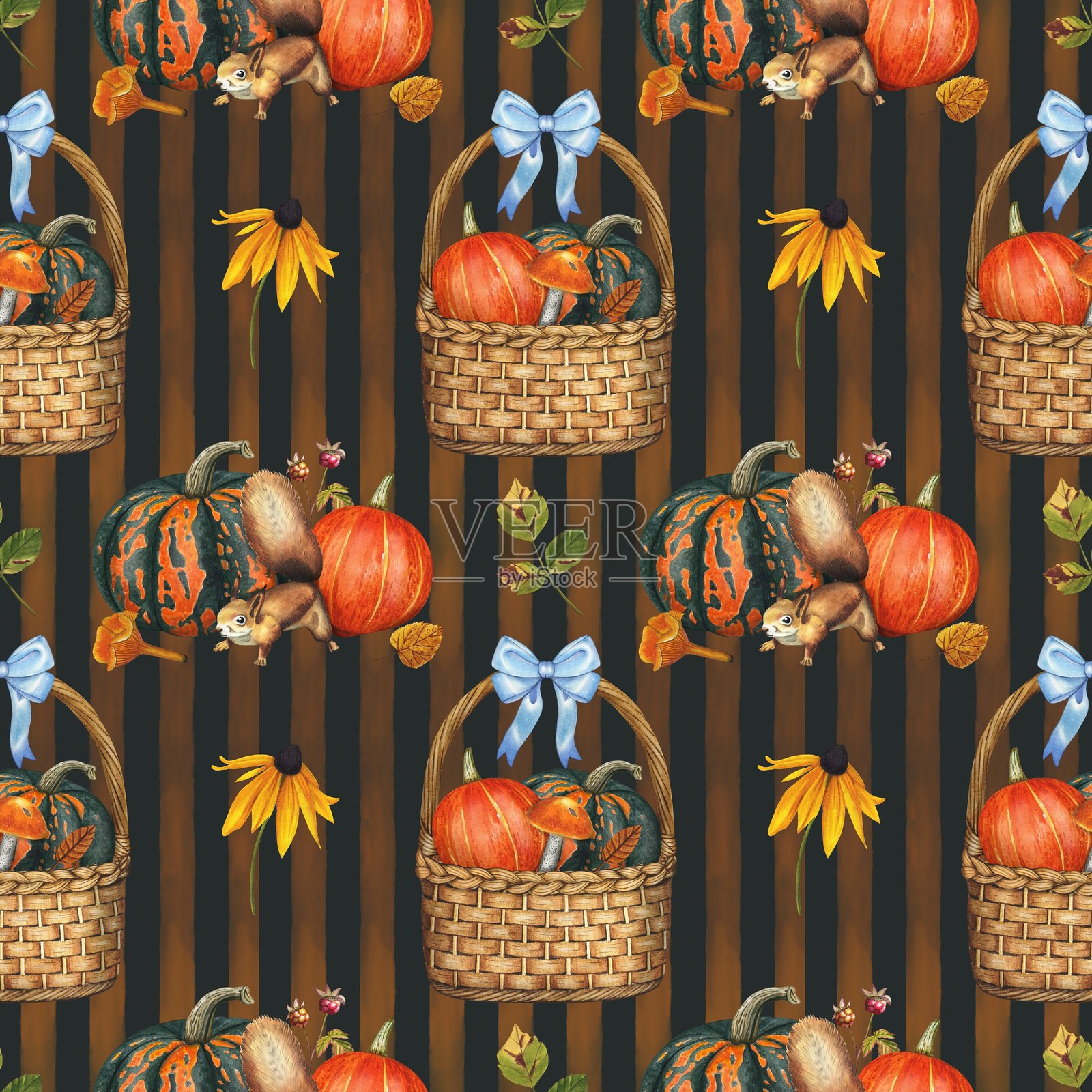 手绘秋季无缝图案，包含橙色、绿色南瓜、篮子、松鼠、秋叶。水彩。插画图片素材