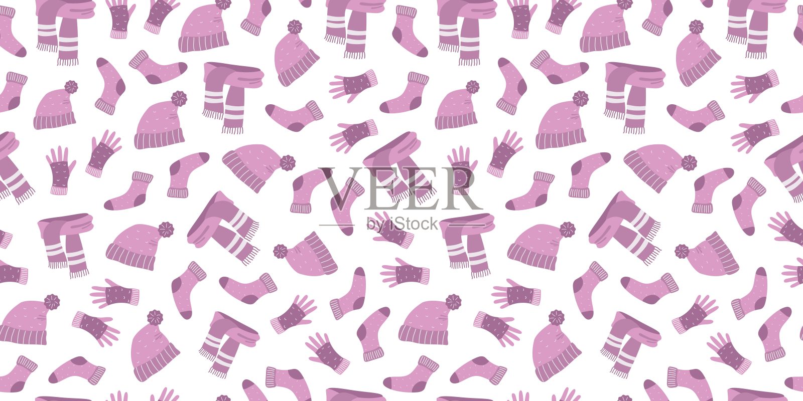 保暖衣物。无缝图案。针织帽、围巾、袜子、手套。舒适的针织秋季和冬季服装。一套简单的扁平插图。重复背景。插画图片素材