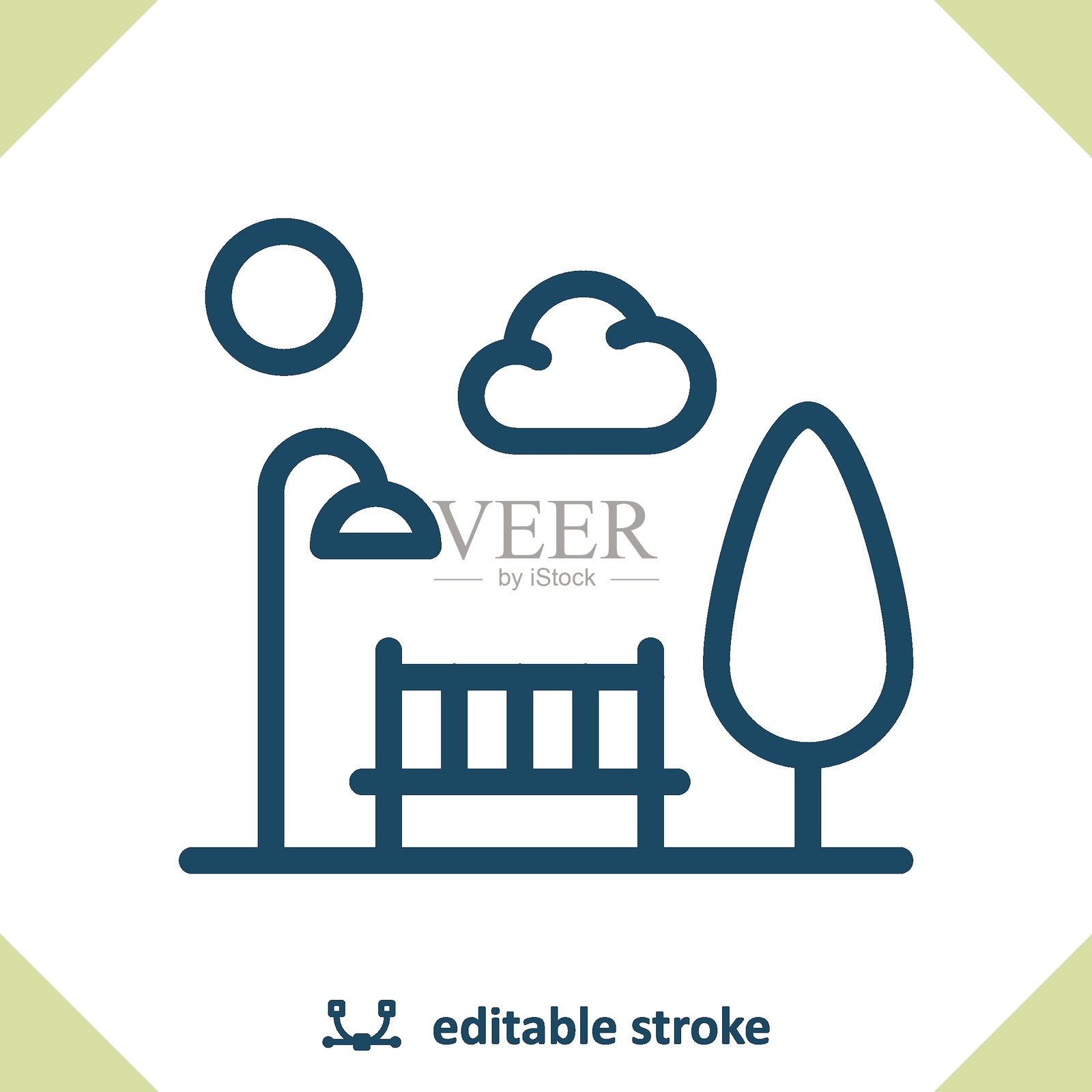 公园图标。长椅、树木、自然、路灯插画图片素材