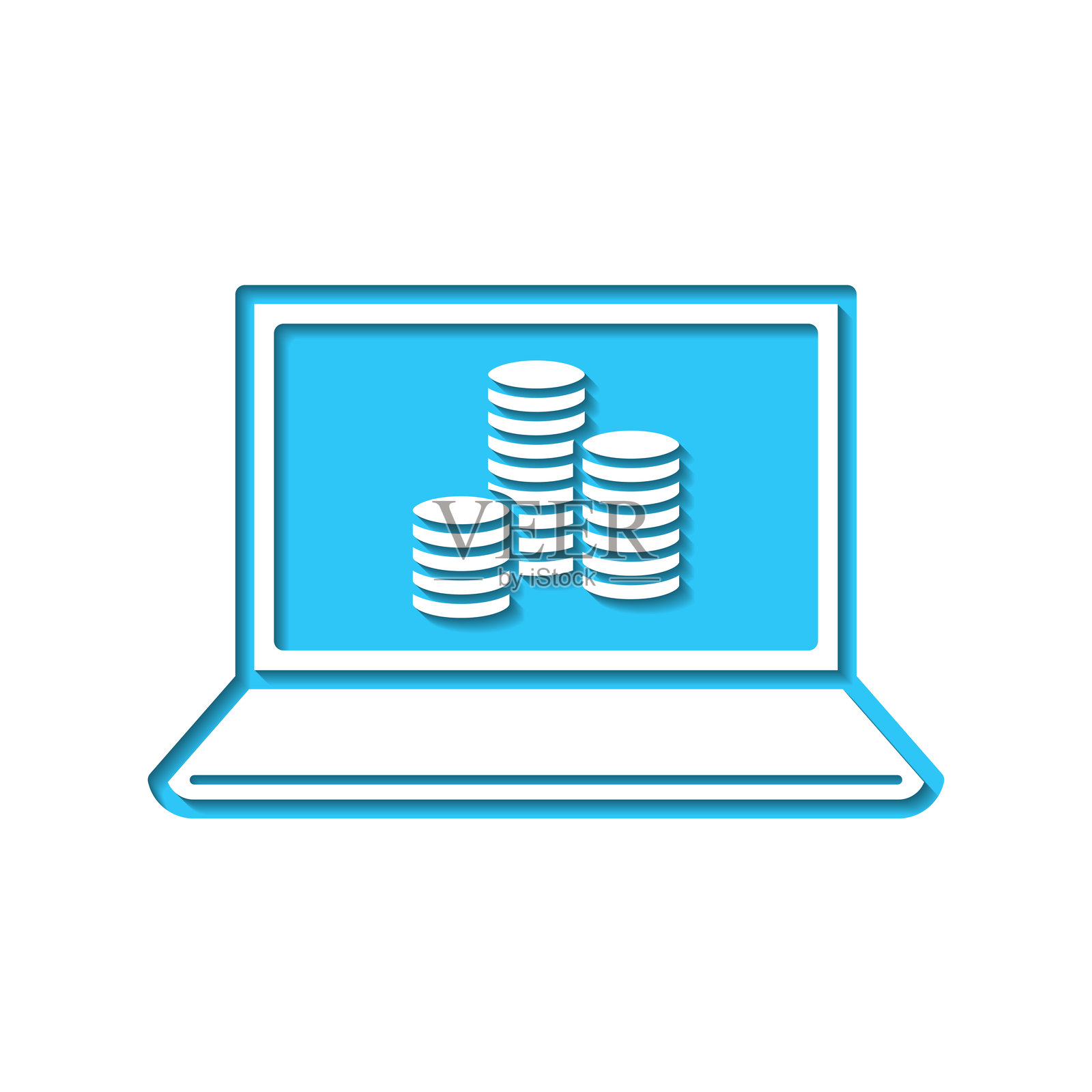 带有硬币堆的笔记本电脑。在蓝色背景的白纸上剪切出的图标插画图片素材