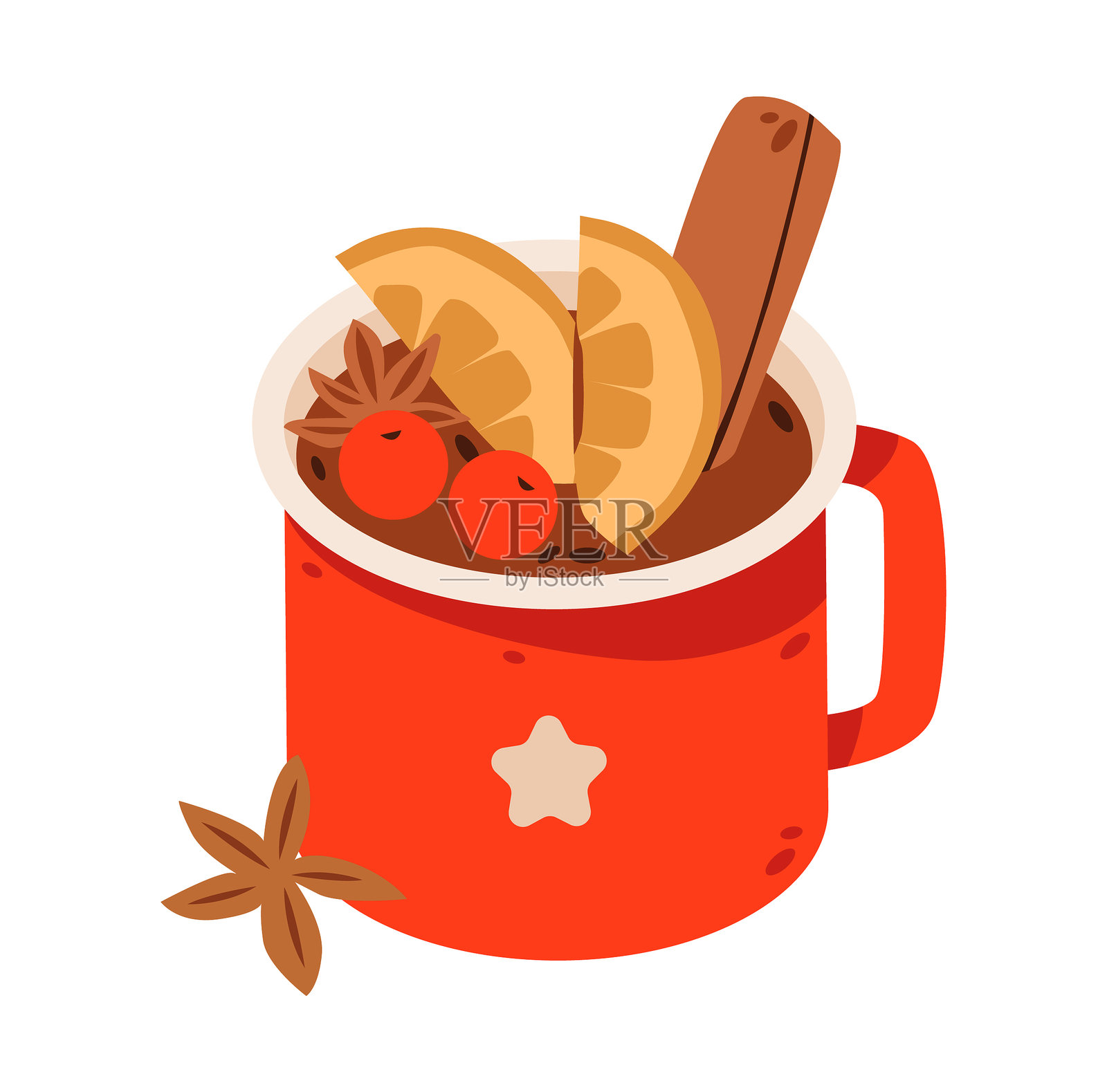 肉桂、橙子和茴香的香料热红酒。温馨的圣诞饮品。一杯带有季节性香料和柑橘的热红酒。插画图片素材