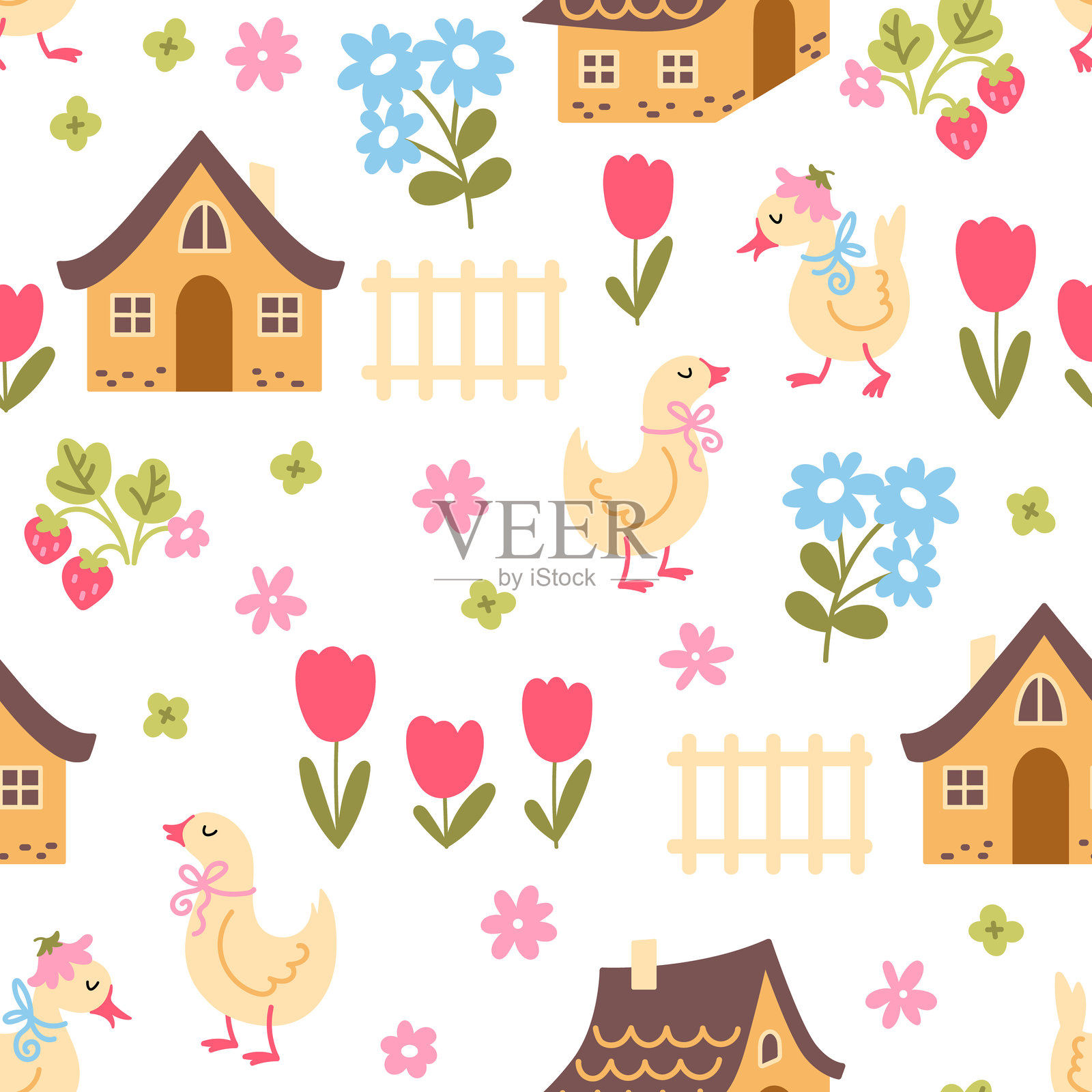 村庄鹅的无缝图案插画图片素材