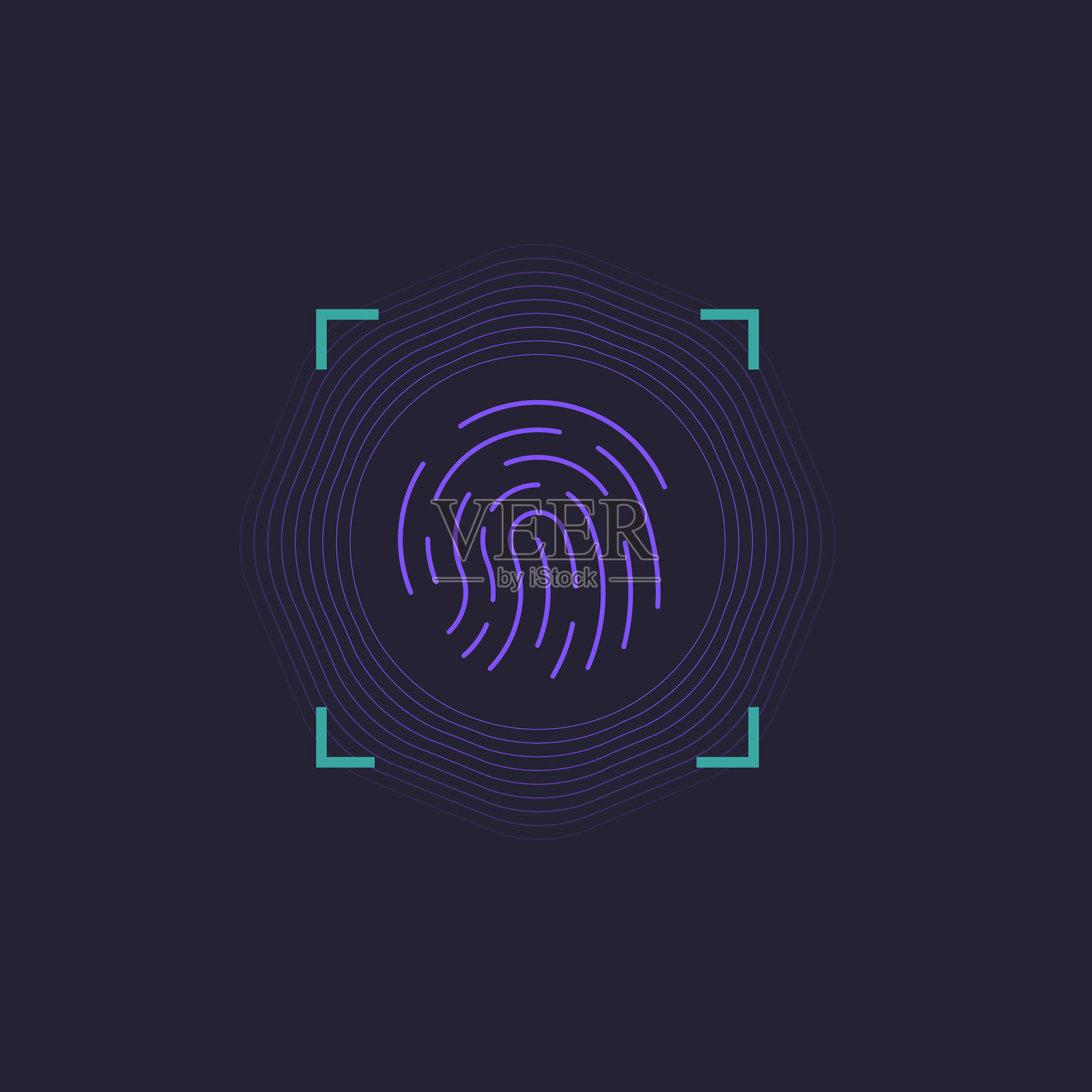 生物识别指纹安全图标。现代抽象设计中的数字身份保护和网络安全认证，带有漩涡状的紫色波浪和绿色括号，以增强视觉吸引力。插画图片素材