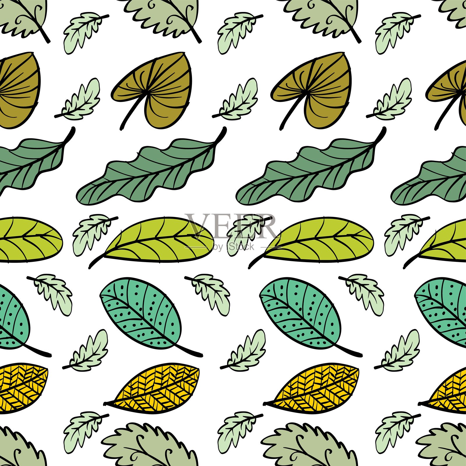 带有叶子的无缝图案。手绘矢量插图。涂鸦风格。插画图片素材