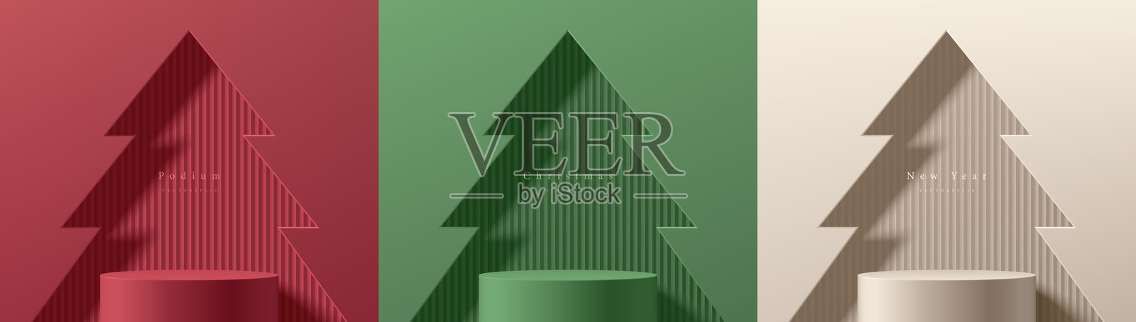 圣诞树橱窗背景中，一套3D绿色、红色和奶油色圆形产品展示台。极简设计的抽象构图。3D工作室展示厅台座，时尚舞台展示。插画图片素材