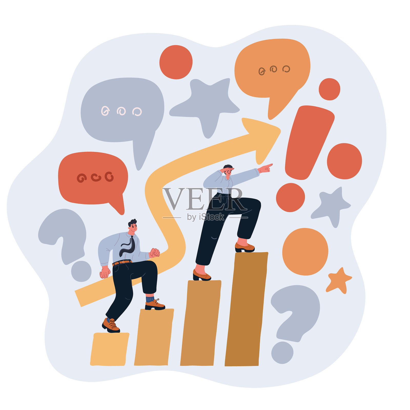 象征增长与成功的向上指示箭头，两位商务人士攀登楼梯的矢量图。人物包括男士和女士。插画图片素材