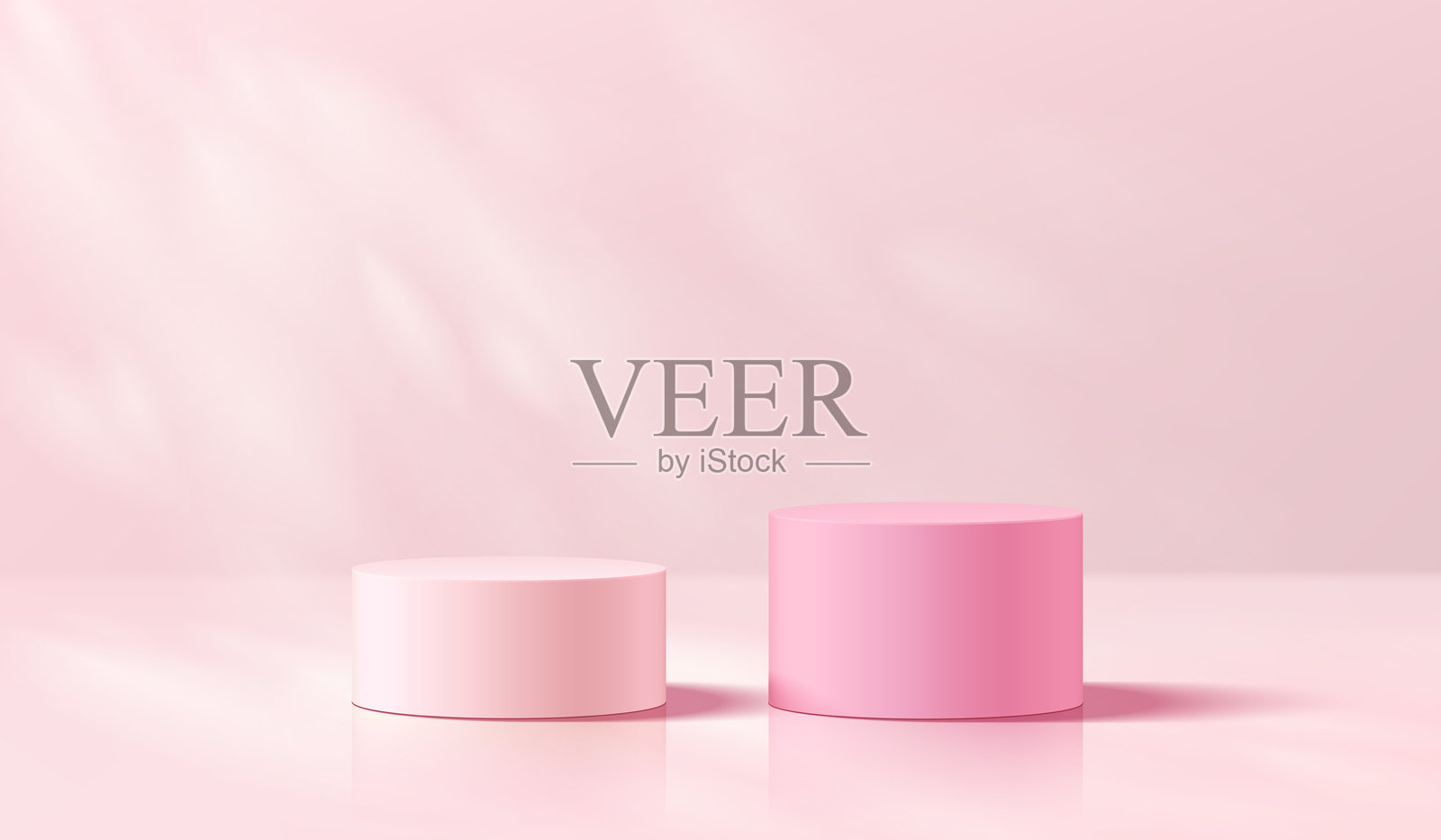 3D粉色、白色圆形产品展示台背景，带有空白墙面场景。极简风格的抽象几何构图。工作室展示厅的展台，时尚舞台展示模型。插画图片素材