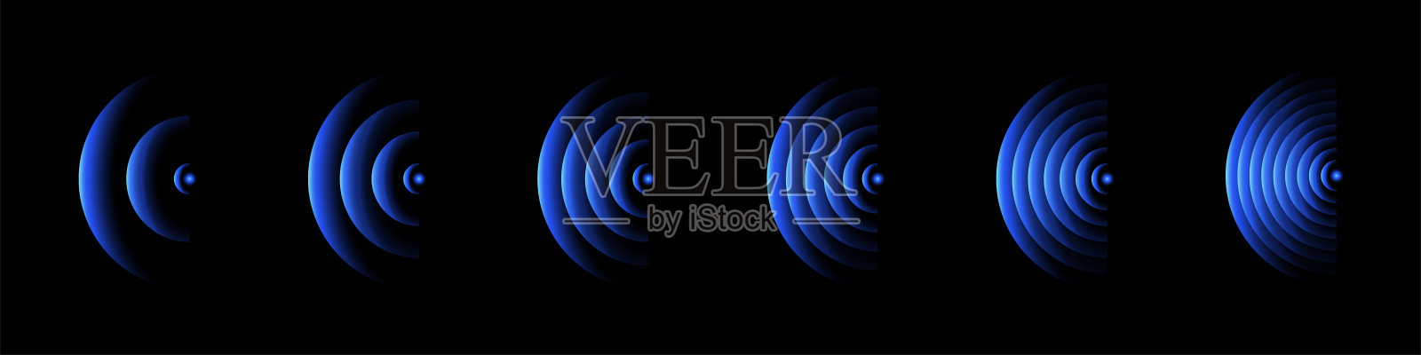 声音波纹。发光的霓虹蓝色wifi，无线网络，信号圆圈带有未来感动态涟漪效果，孤立在黑色背景上。科技抽象矢量图。插画图片素材