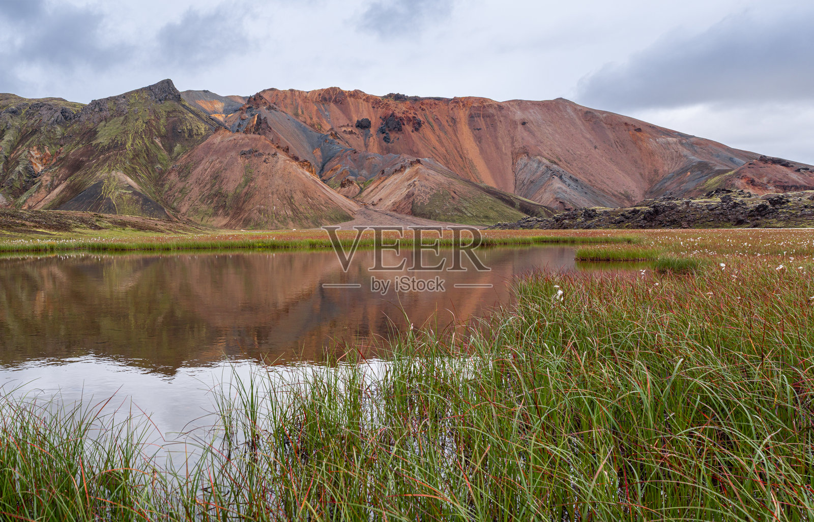 五彩斑斓的冰岛山峦倒映在平静的水面上照片摄影图片