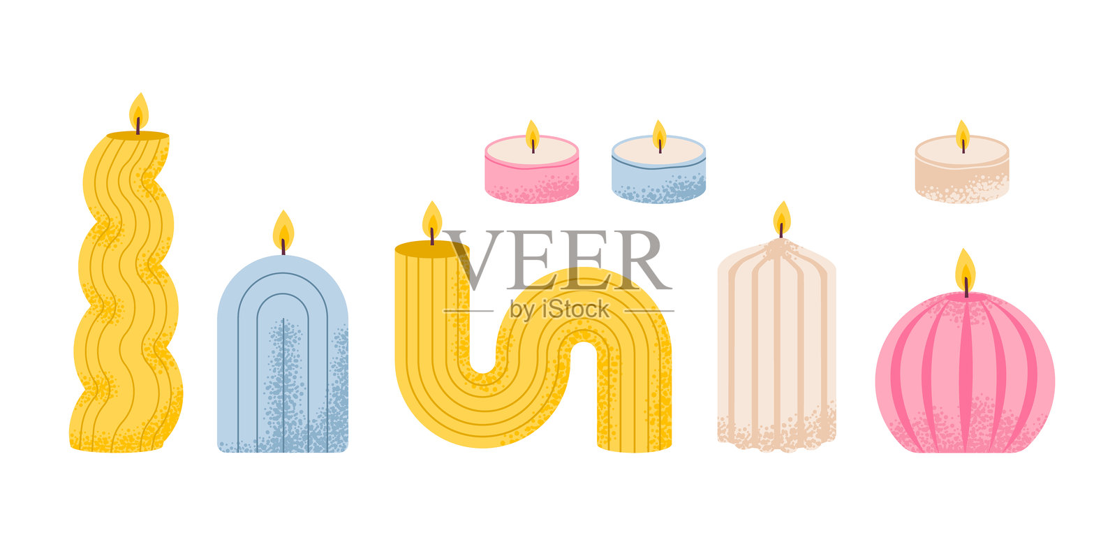 舒适的蜡烛，散发着柔和的光芒和温暖的香气。简约蜡烛套装。平面矢量插画。插画图片素材