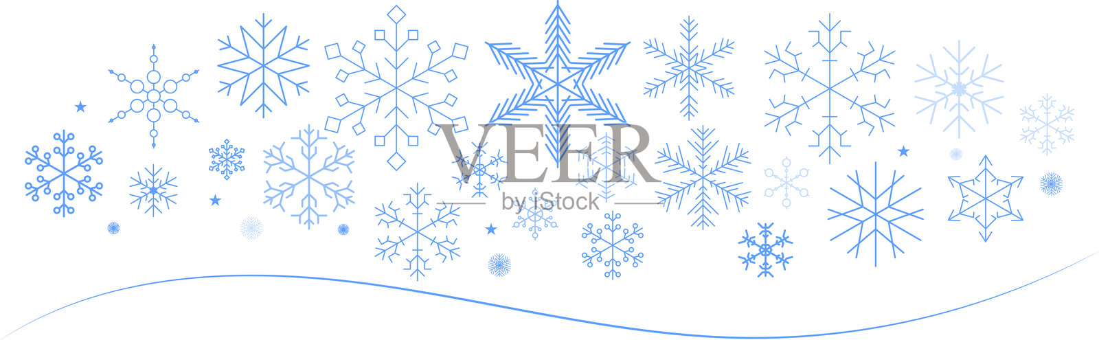 雪花背景孤立矢量图，雪花组合带星星的横幅，圣诞节边框装饰。新年快乐2026波浪线和雪花。雪花冰冻冬季细线图标插画图片素材