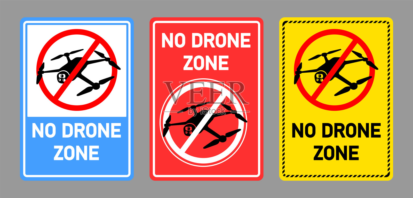 无人机禁飞区矢量标志和符号集。禁止四旋翼和摄像无人机飞行。隐私和安全限制图标，用于停止、警告和禁止空域区域。矢量插图插画图片素材