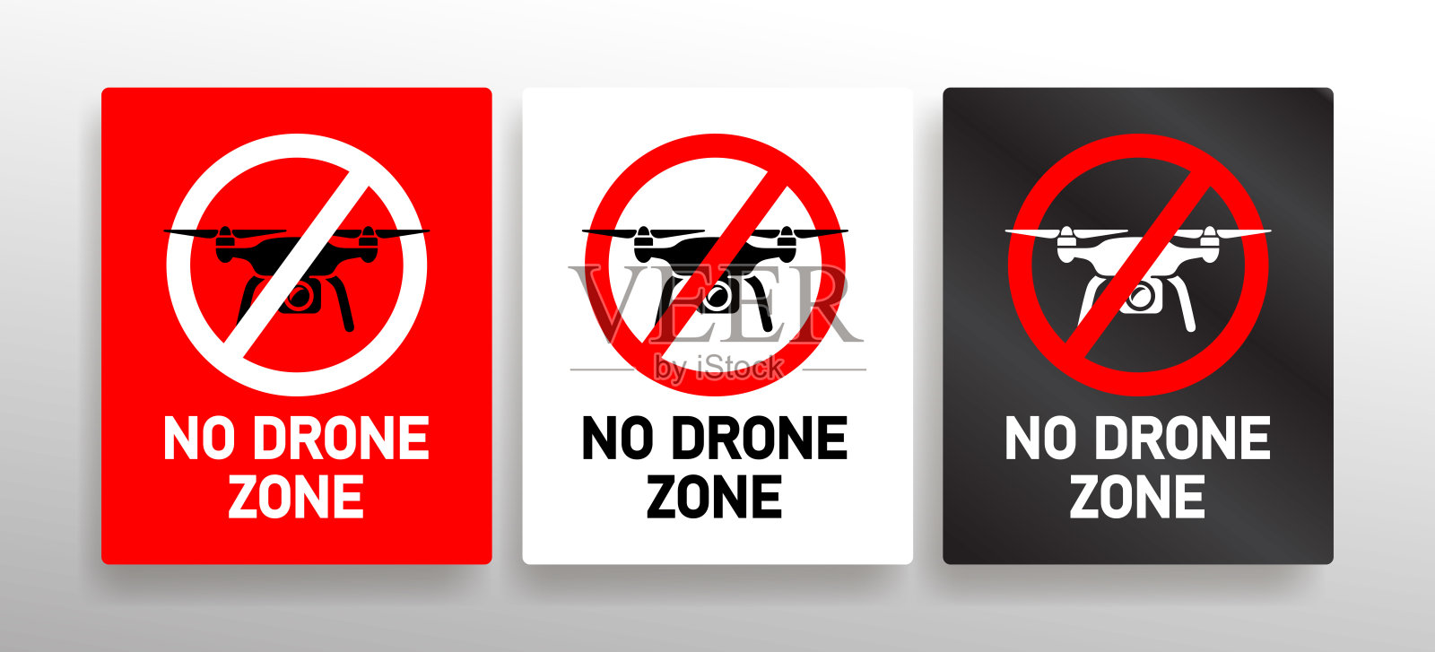 无人机禁飞区矢量图集，包含禁止飞行的四旋翼无人机和间谍相机标志。隐私、安全和限制空域警告图标。禁止和禁区矢量标签插画设计。插画图片素材