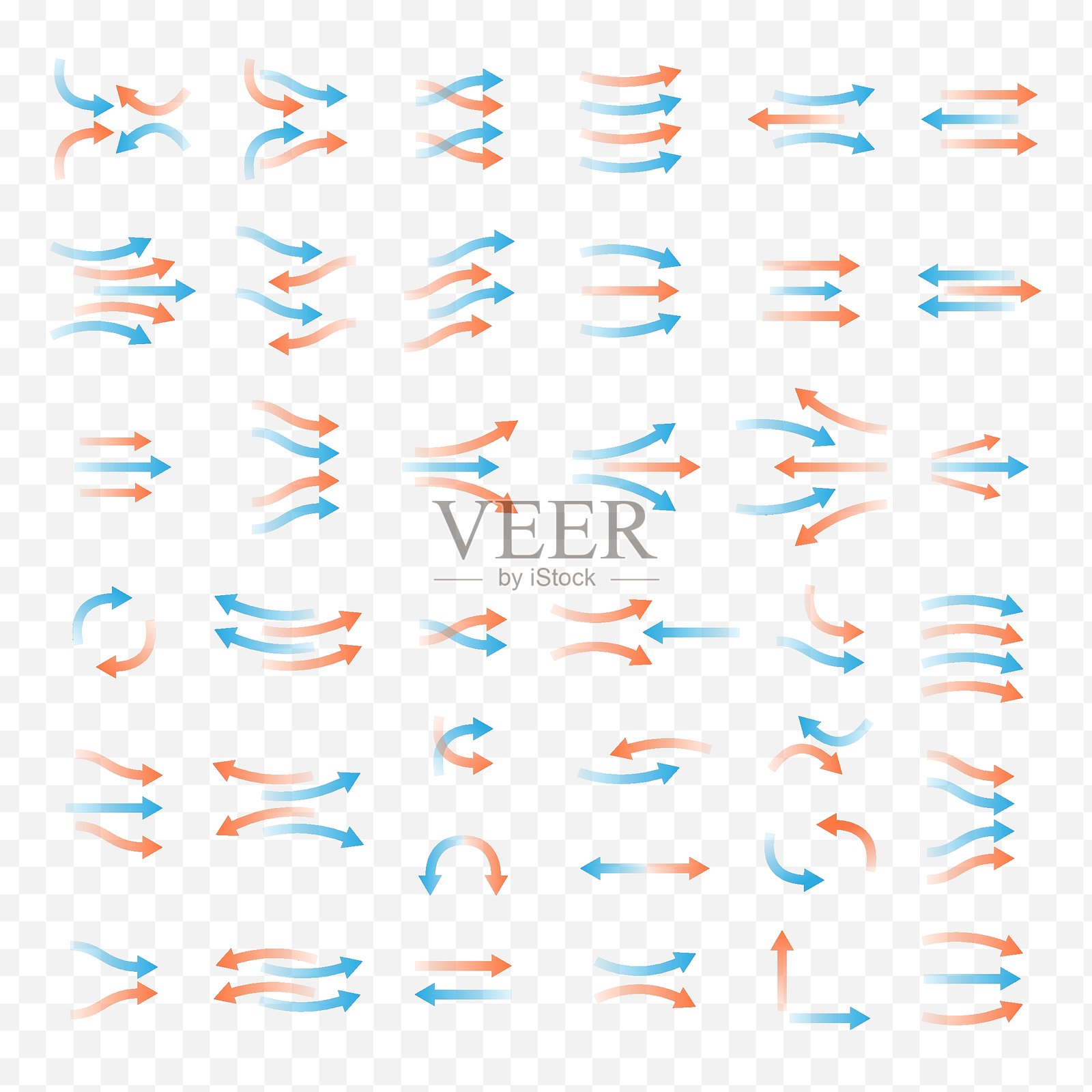 红色和蓝色透明箭头集合展示气流。用于指示冷热风方向的箭头图标集。插画图片素材