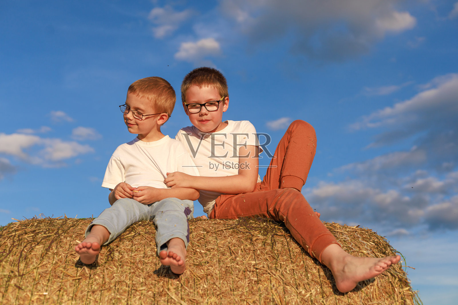 兄弟俩坐在一起在干草垛上照片摄影图片