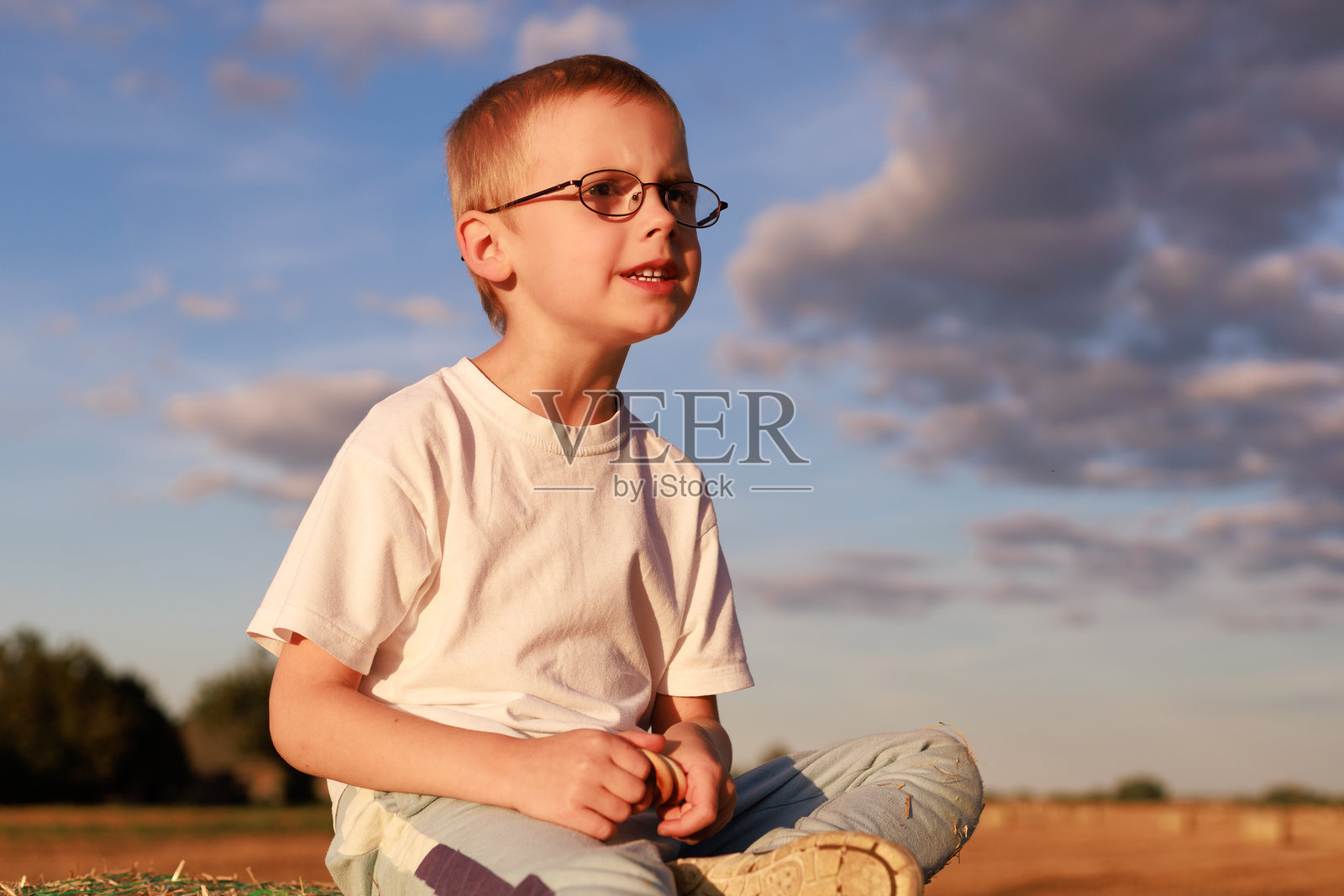 男孩坐在草垛上照片摄影图片