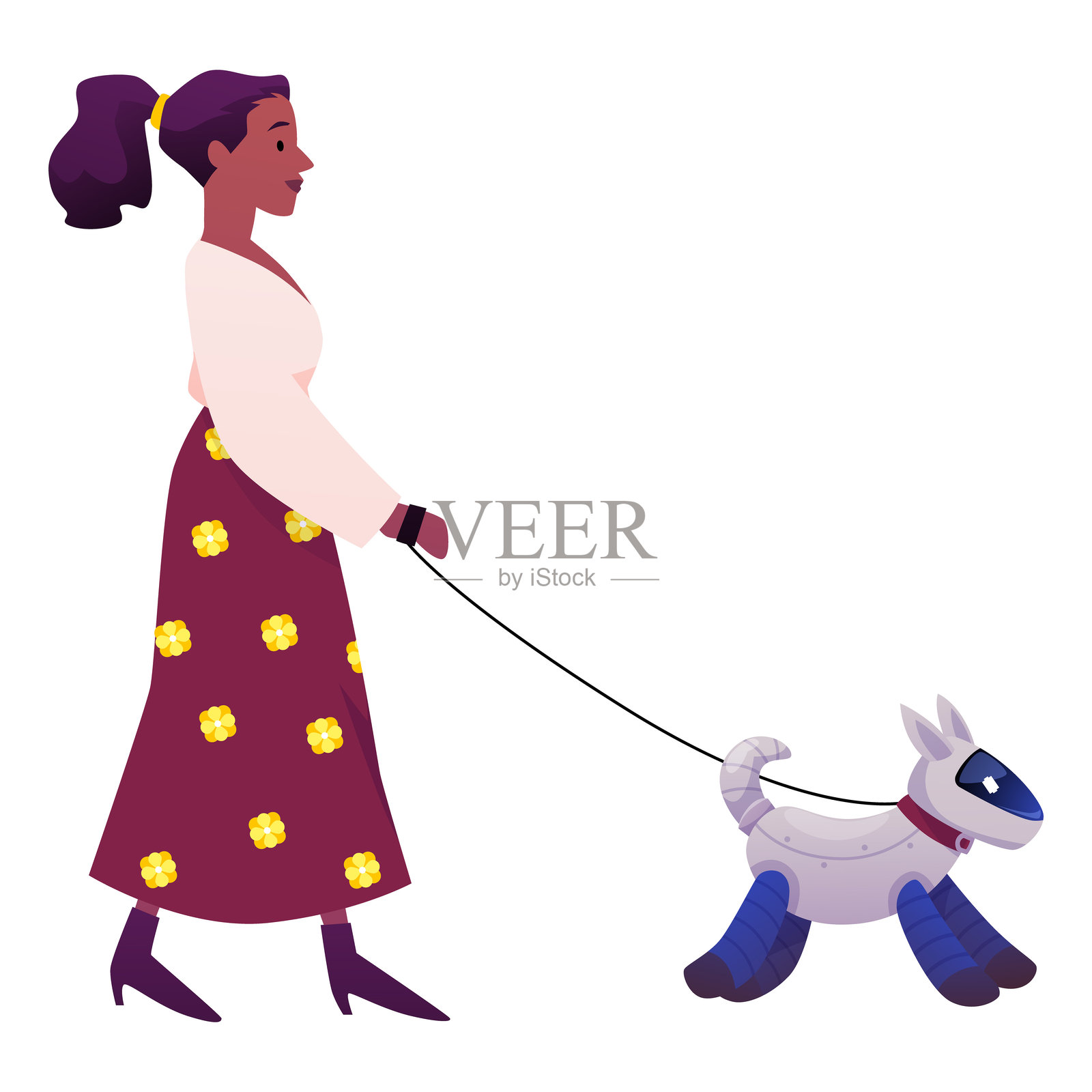 一名女子牵着机器狗散步，未来智能城市，矢量图中的主人与人工智能机器宠物插画图片素材