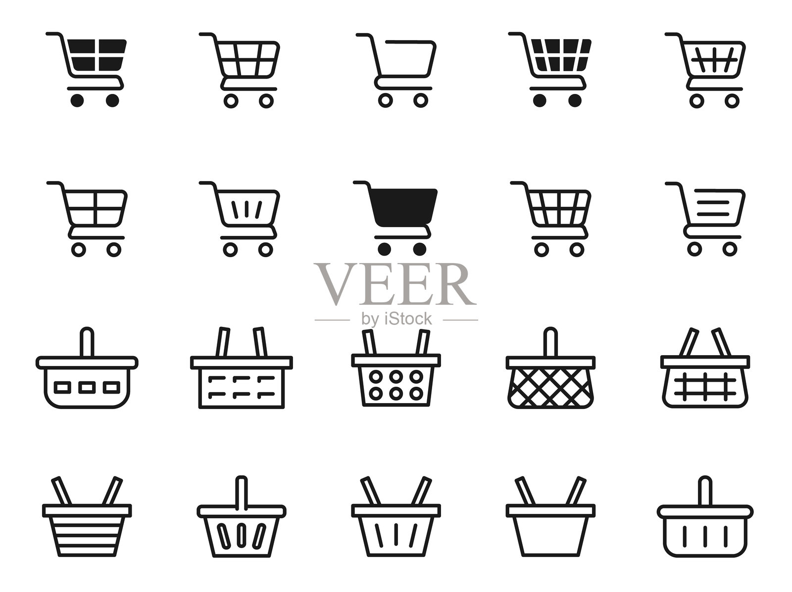 购物篮图标集。购物车和杂货篮。网店或商店。在市场或超市购买。购物车的线条和平面图标。网店符号。可编辑描边。矢量图插画图片素材