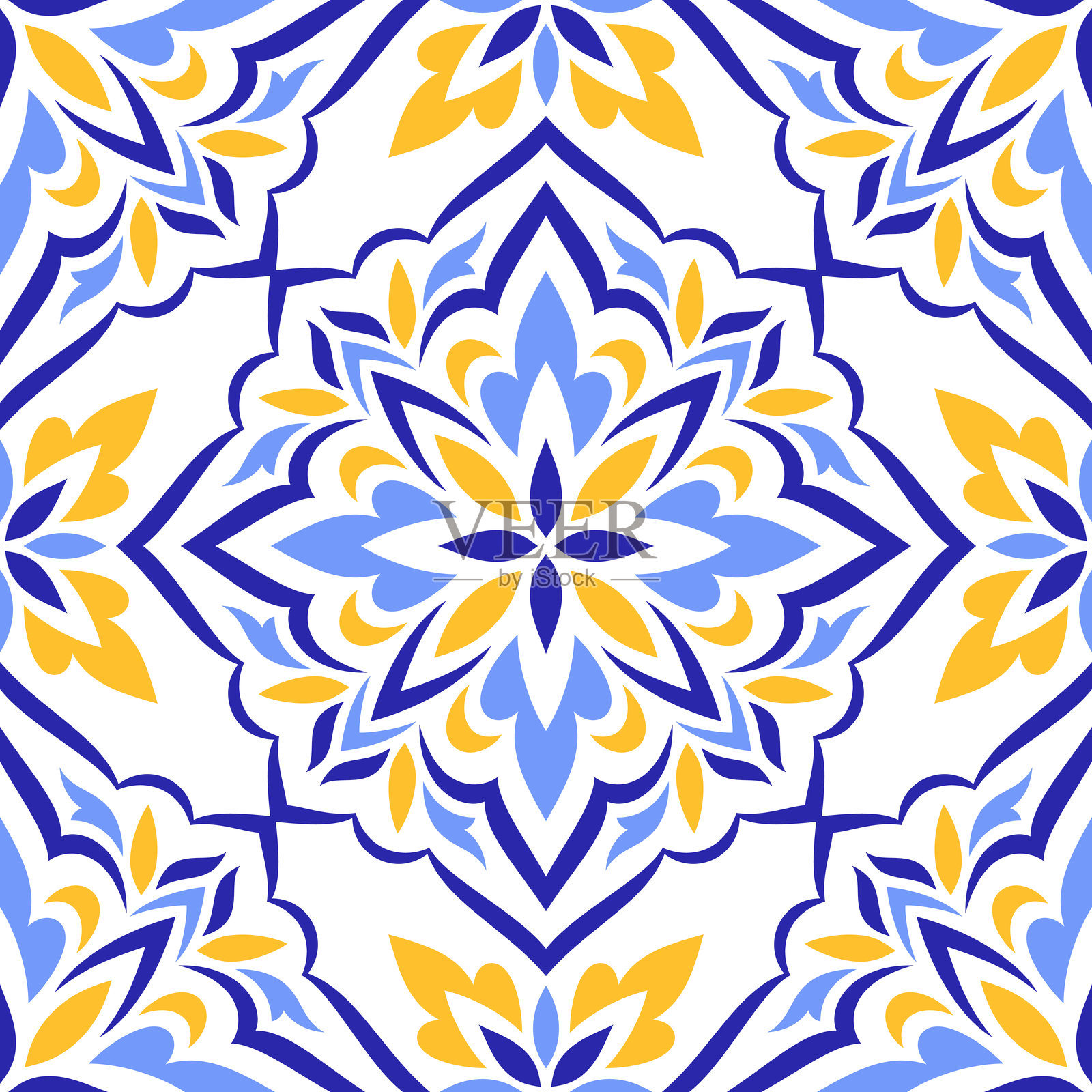 地中海风格的蓝色和黄色纹理无缝图案。插画图片素材